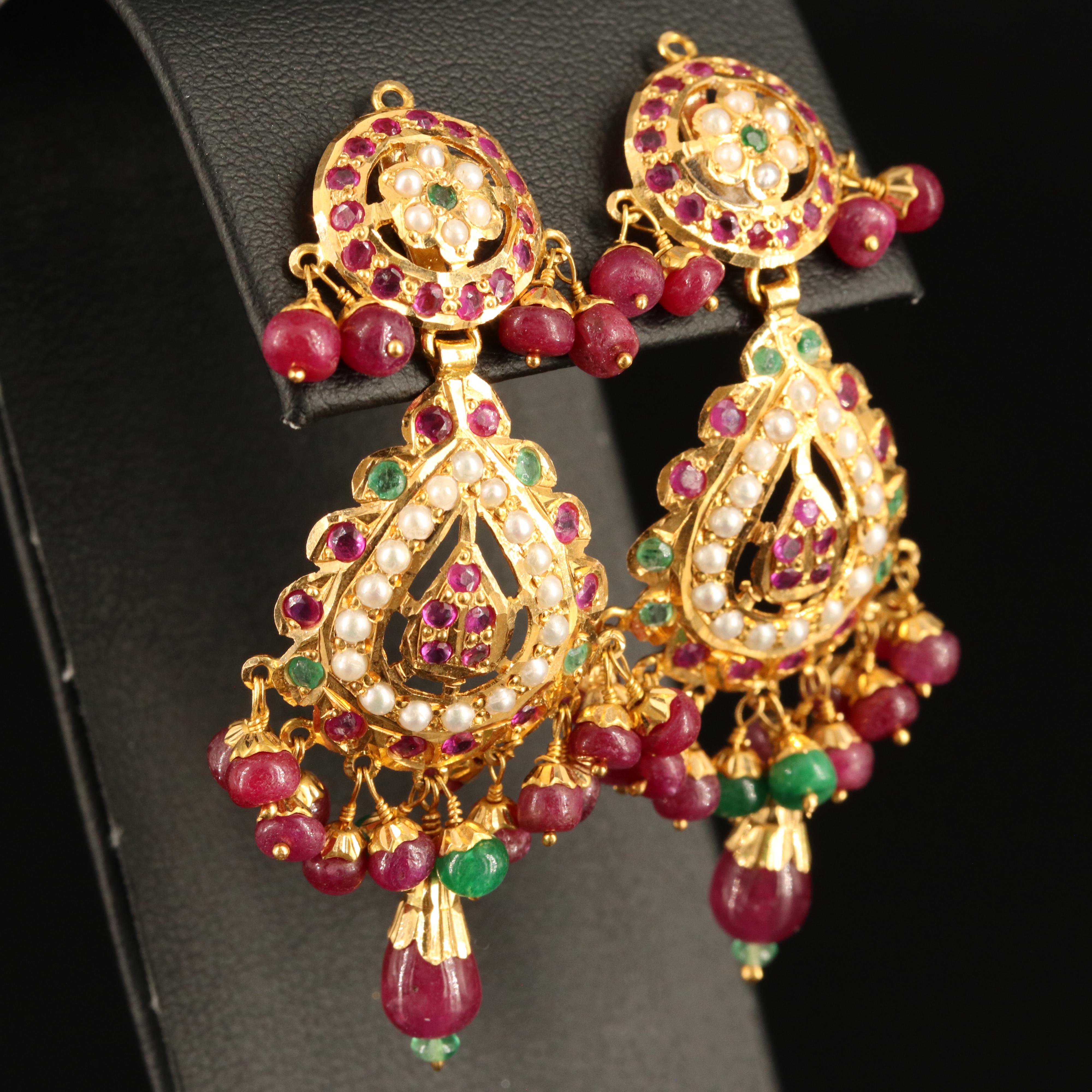 22K Ruby, Emerald and Seed Pearl Earrings