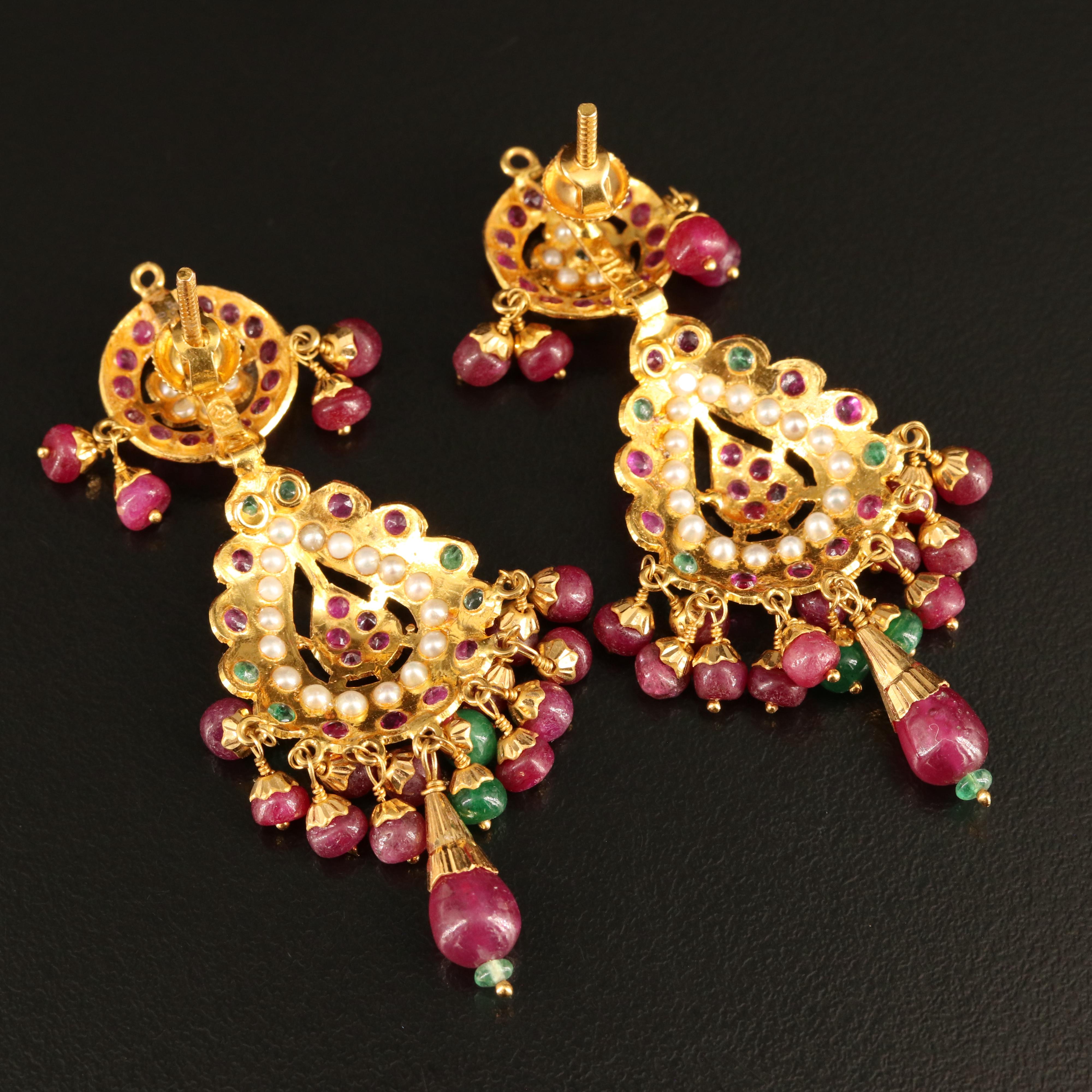 22K Ruby, Emerald and Seed Pearl Earrings