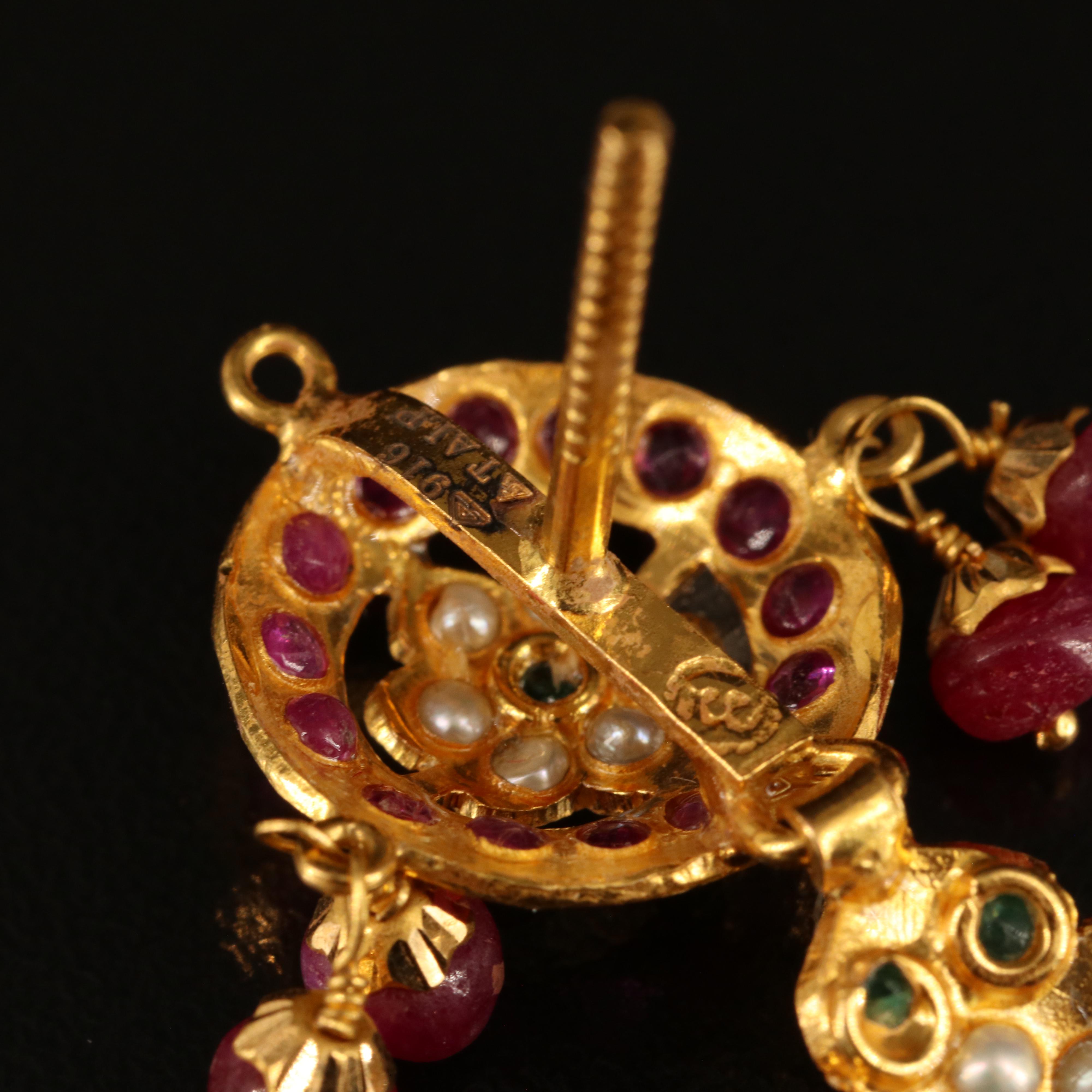 22K Ruby, Emerald and Seed Pearl Earrings