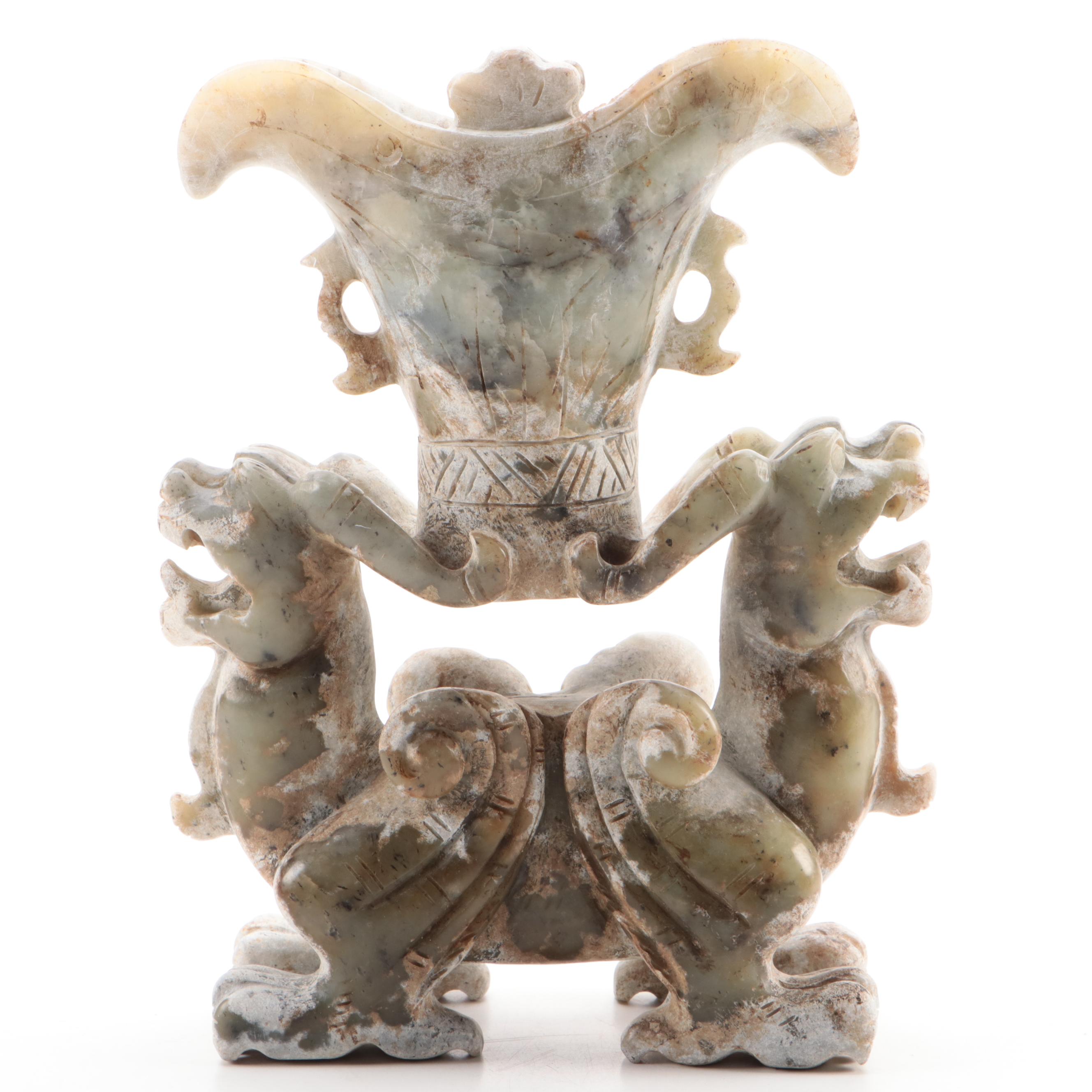 Chinese Carved Serpentine Qilin Handled Vase