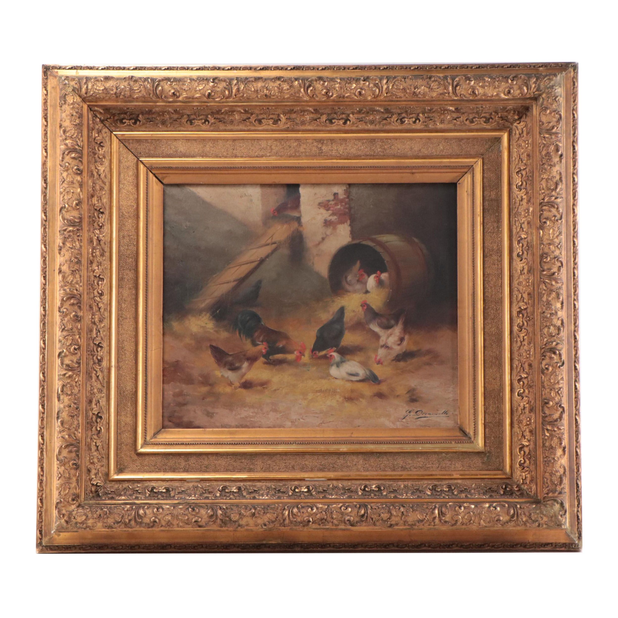 Oil Painting of Chickens in Barn