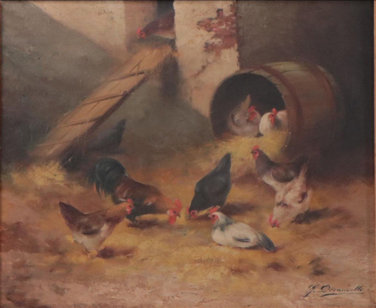 Oil Painting of Chickens in Barn