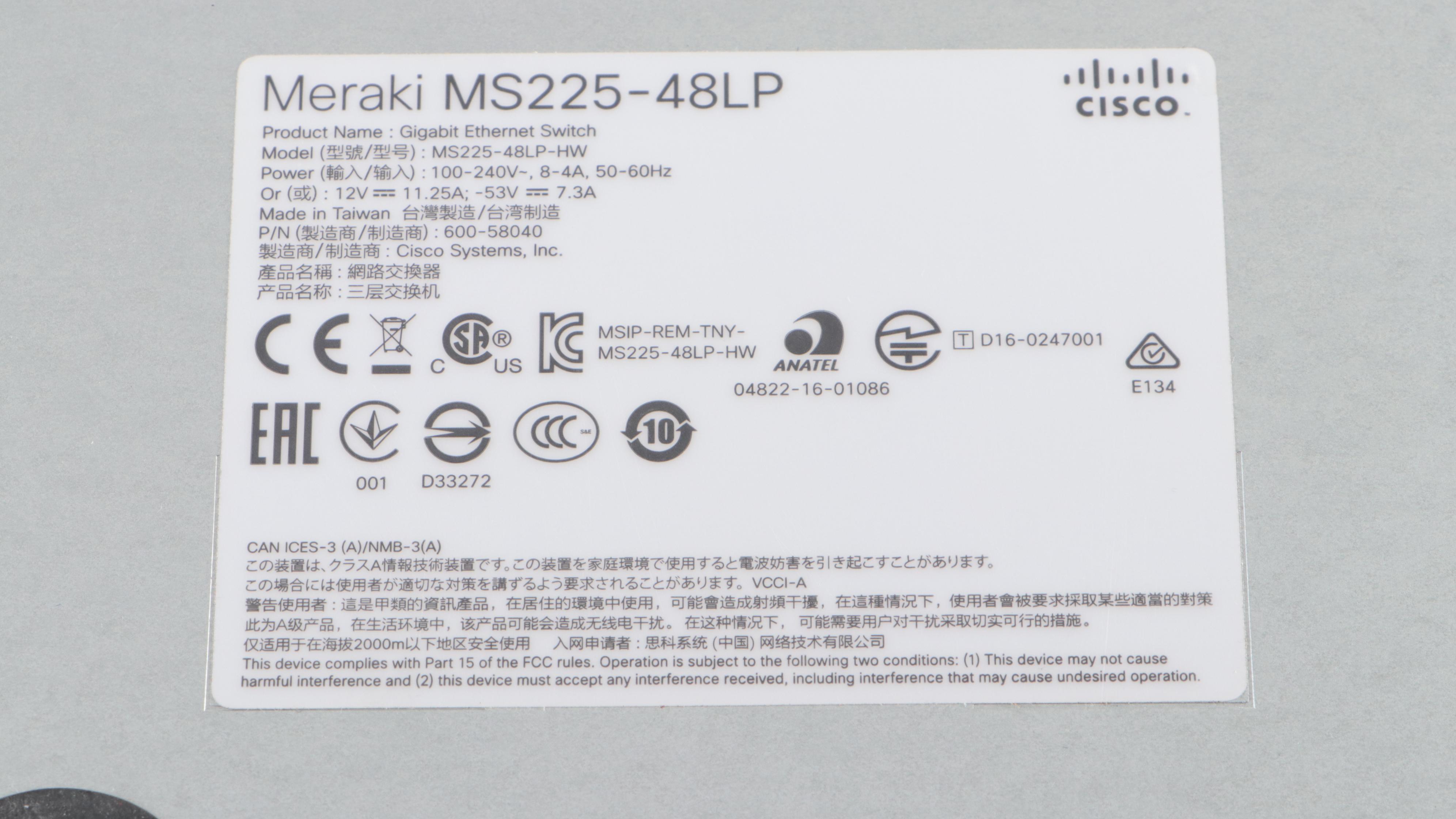 Cisco Meraki Cloud Managed MS225-48LP Gigabit Ethernet Switch