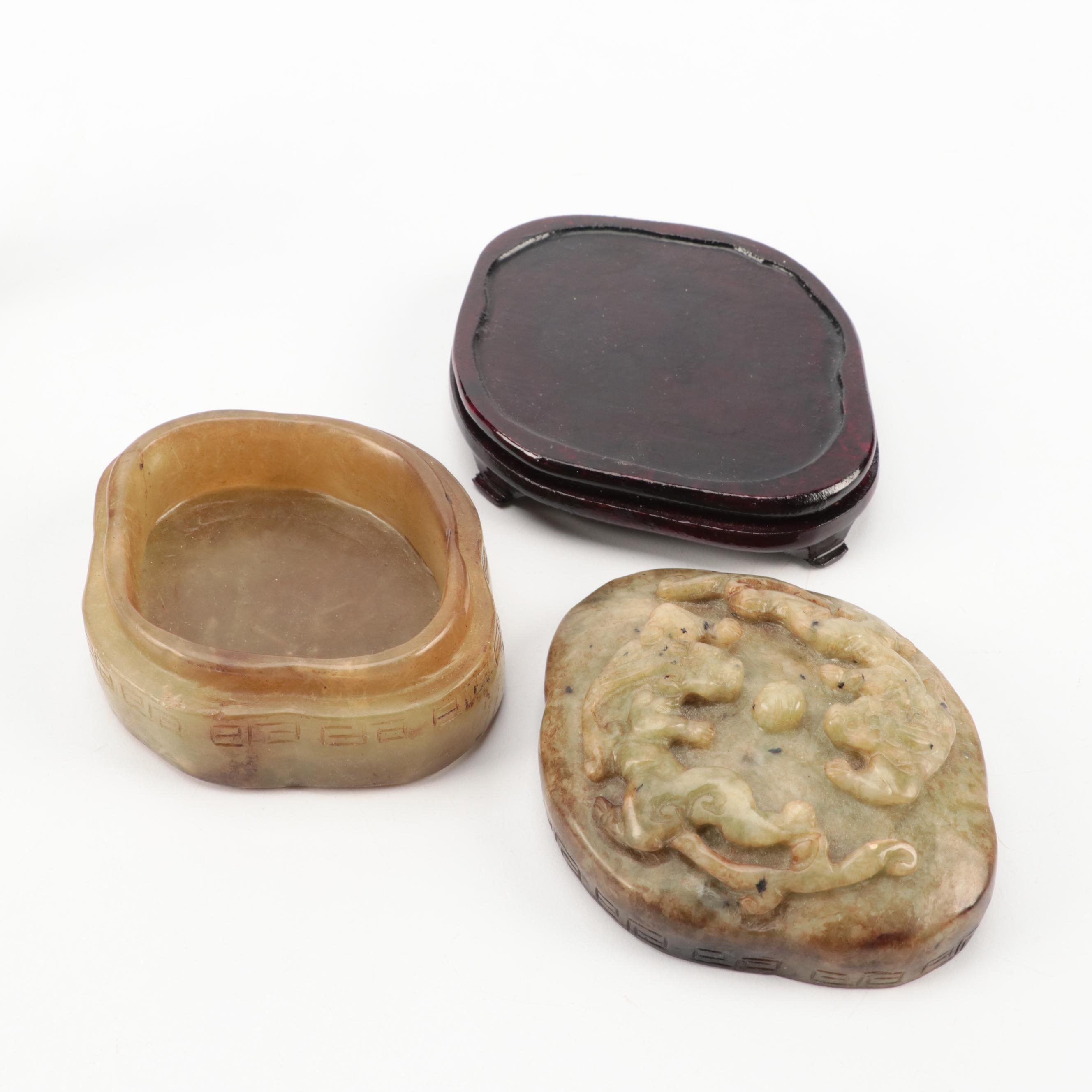 Chinese Carved Soapstone Dragon Seals and Serpentine Box