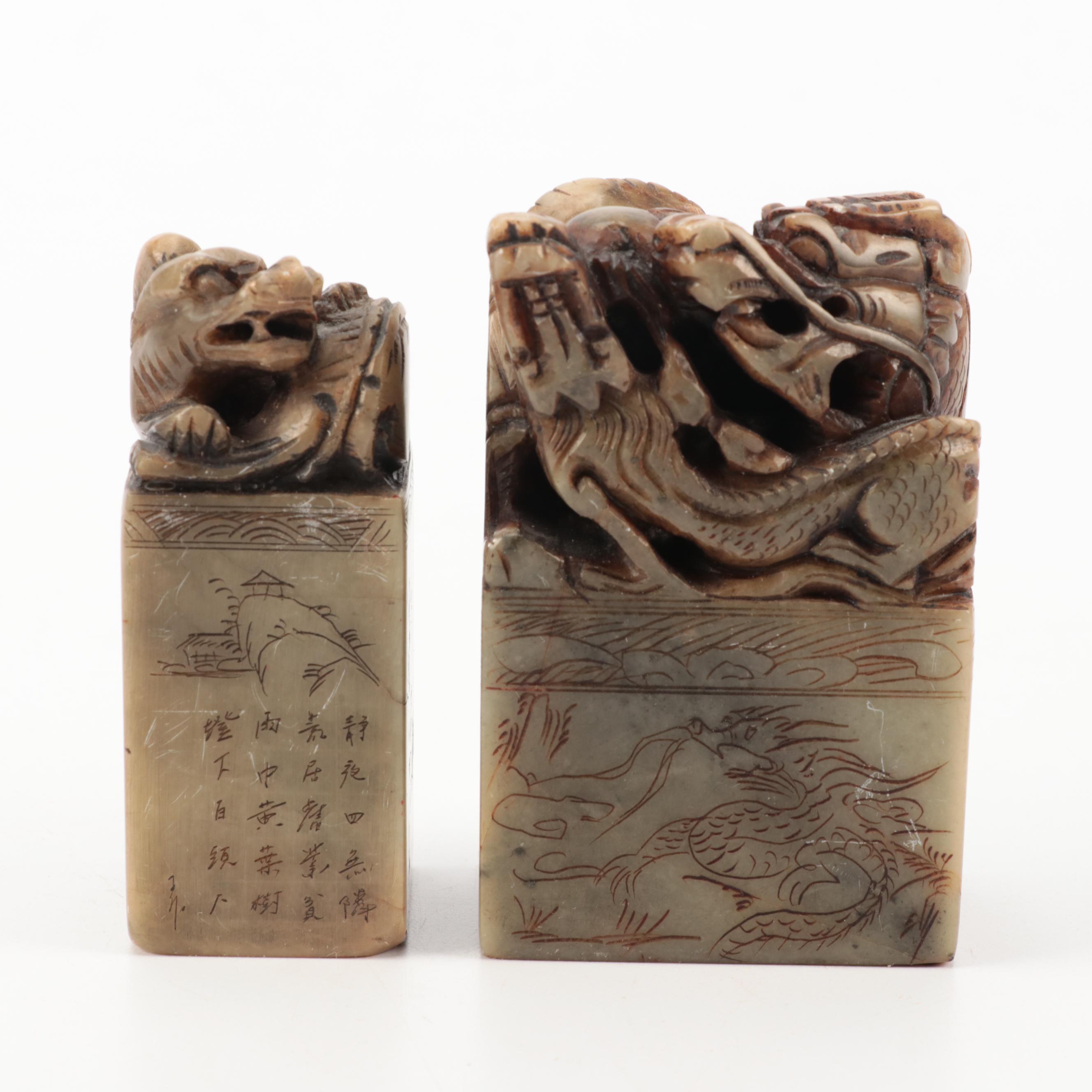 Chinese Carved Soapstone Dragon Seals and Serpentine Box