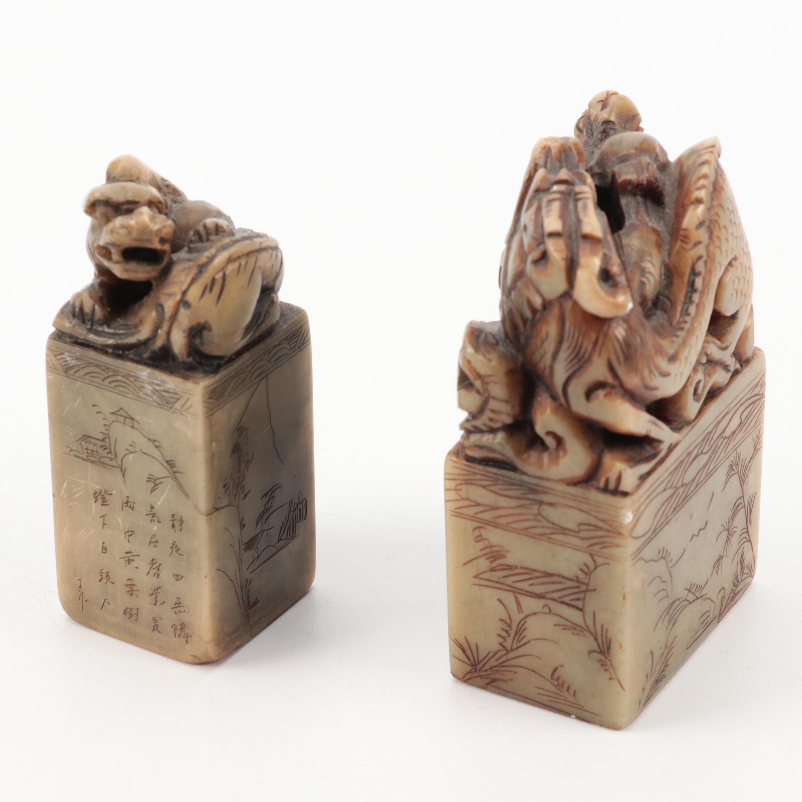 Chinese Carved Soapstone Dragon Seals and Serpentine Box