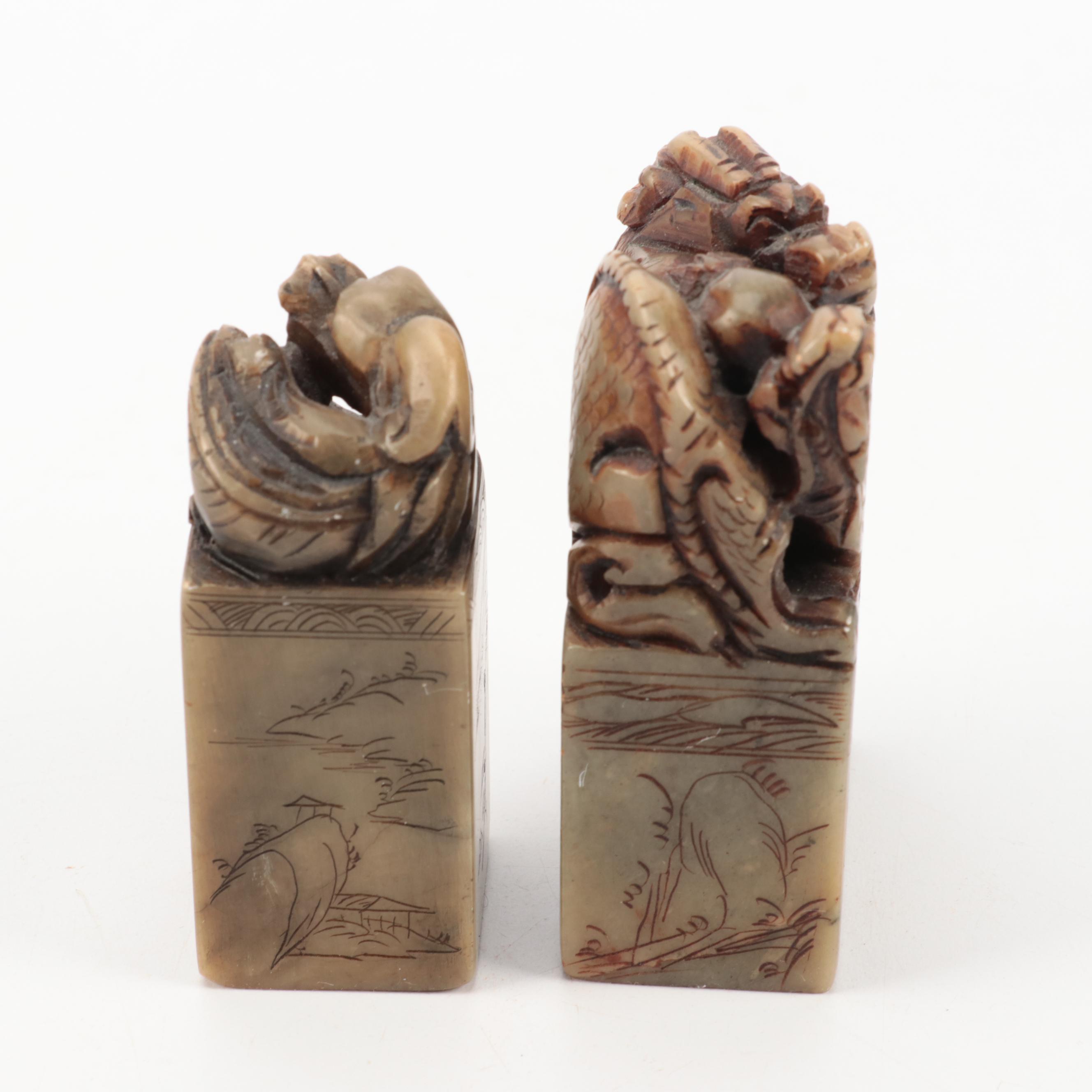 Chinese Carved Soapstone Dragon Seals and Serpentine Box