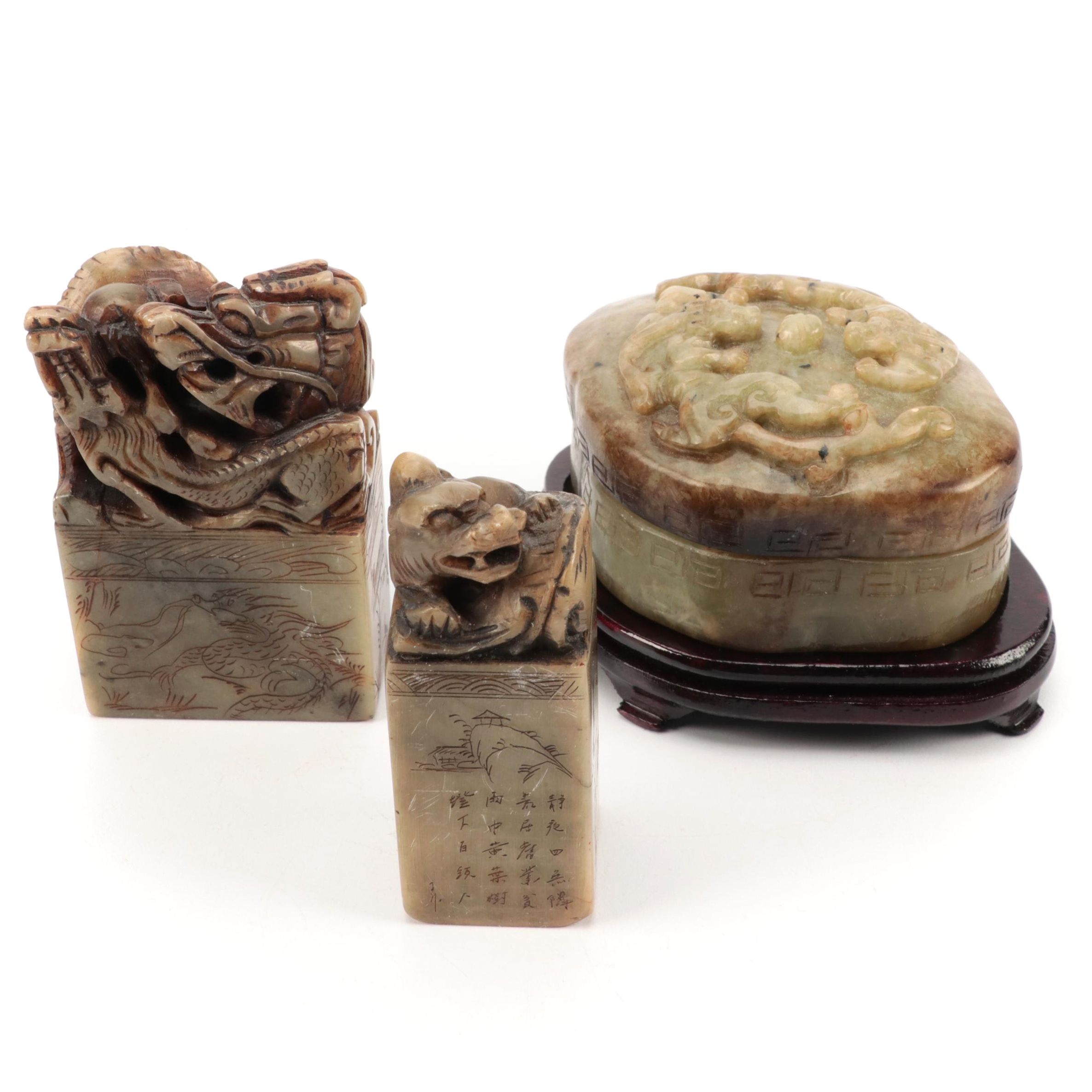 Chinese Carved Soapstone Dragon Seals and Serpentine Box