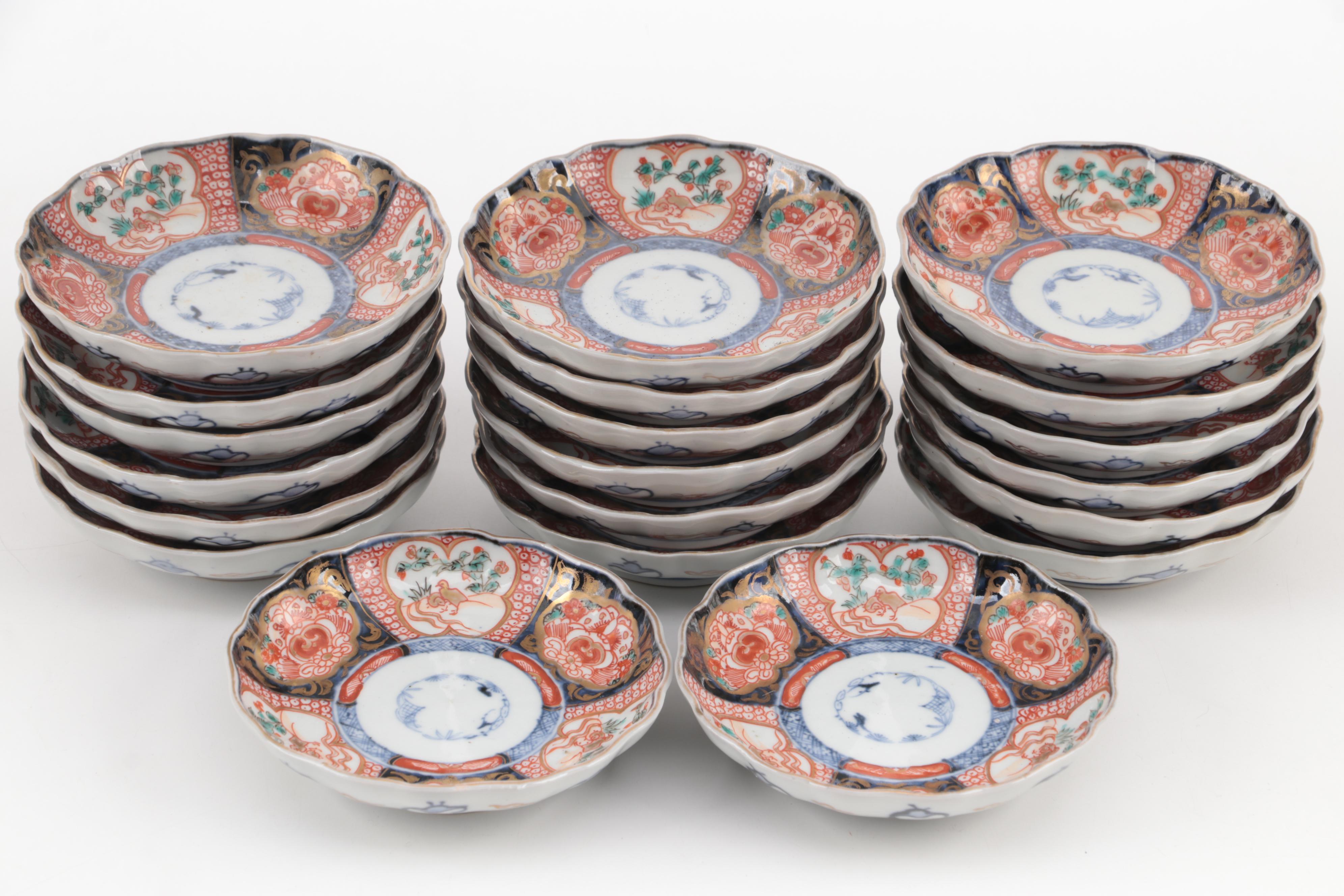 Japanese Arita Imari Porcelain Dinnerware with Pine Wood Crates, Meiji Period