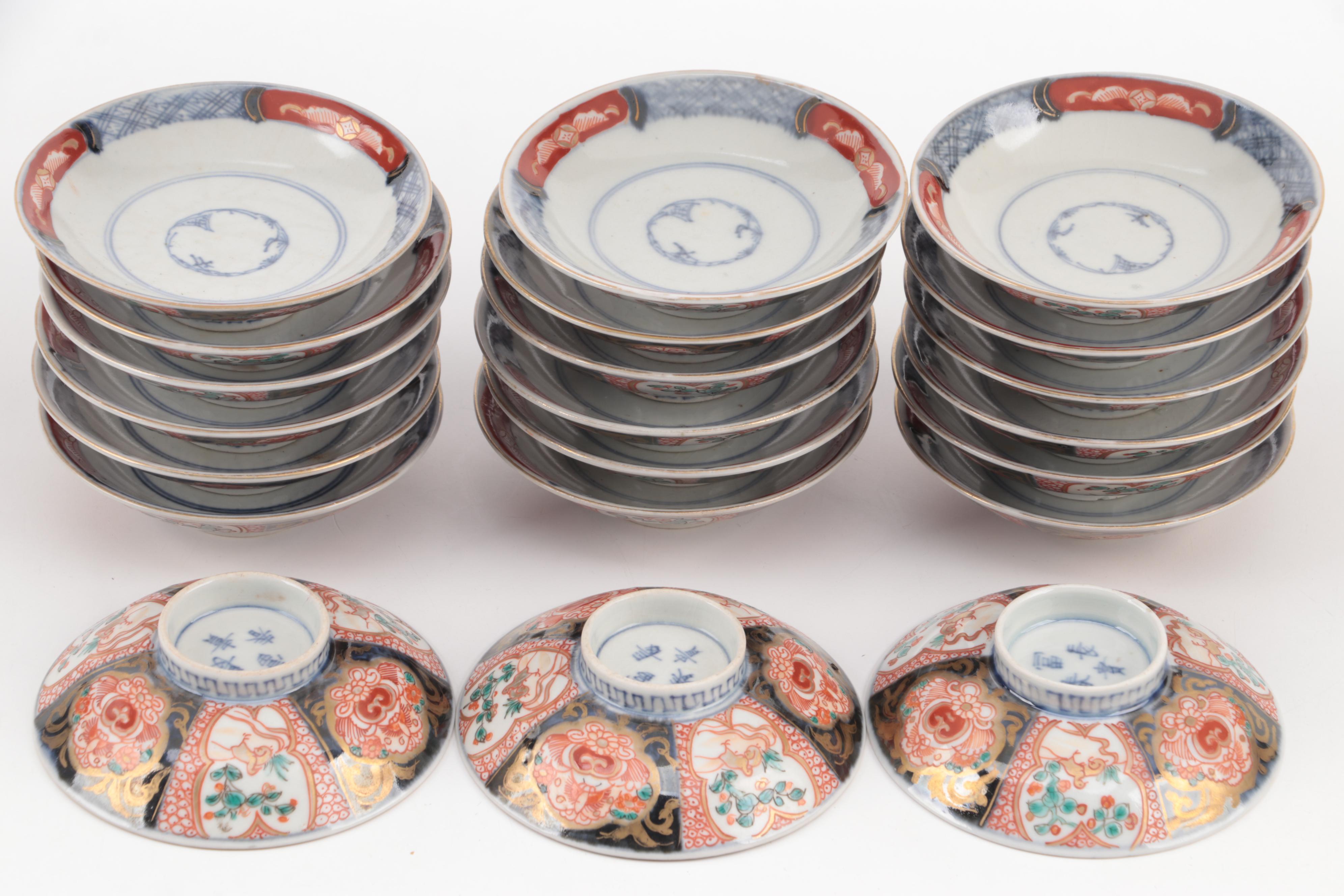 Japanese Arita Imari Porcelain Dinnerware with Pine Wood Crates, Meiji Period