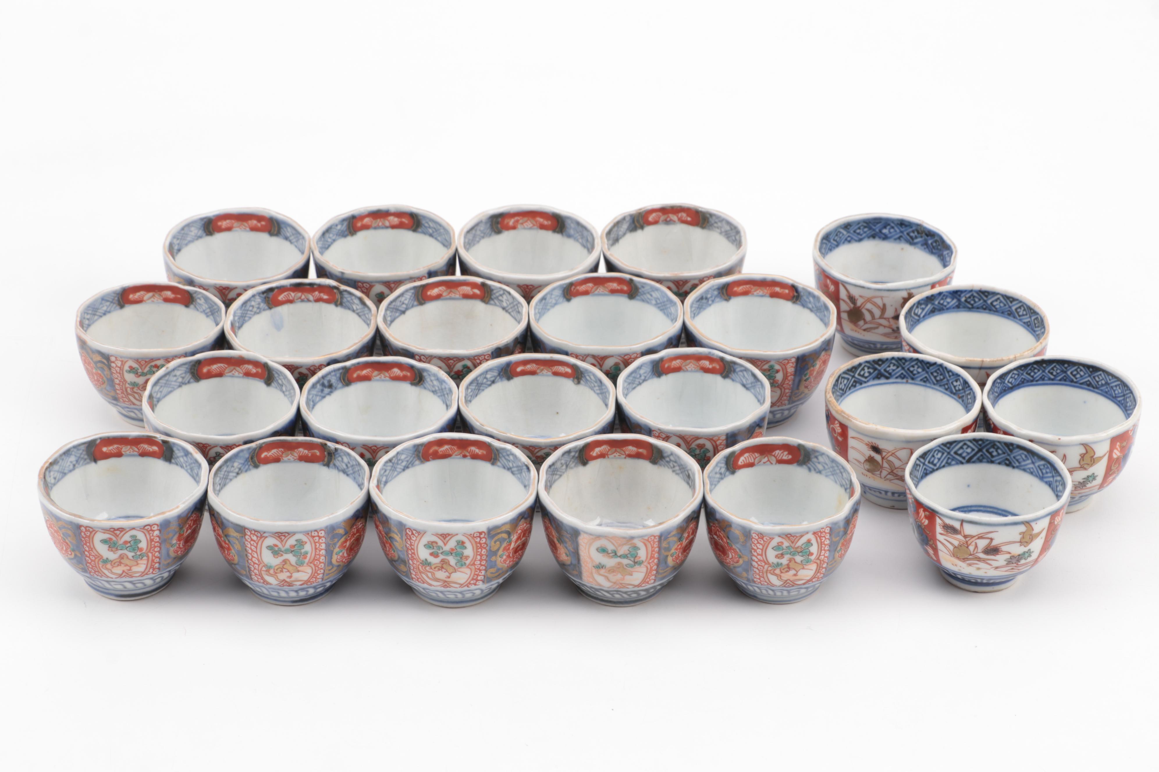 Japanese Arita Imari Porcelain Dinnerware with Pine Wood Crates, Meiji Period