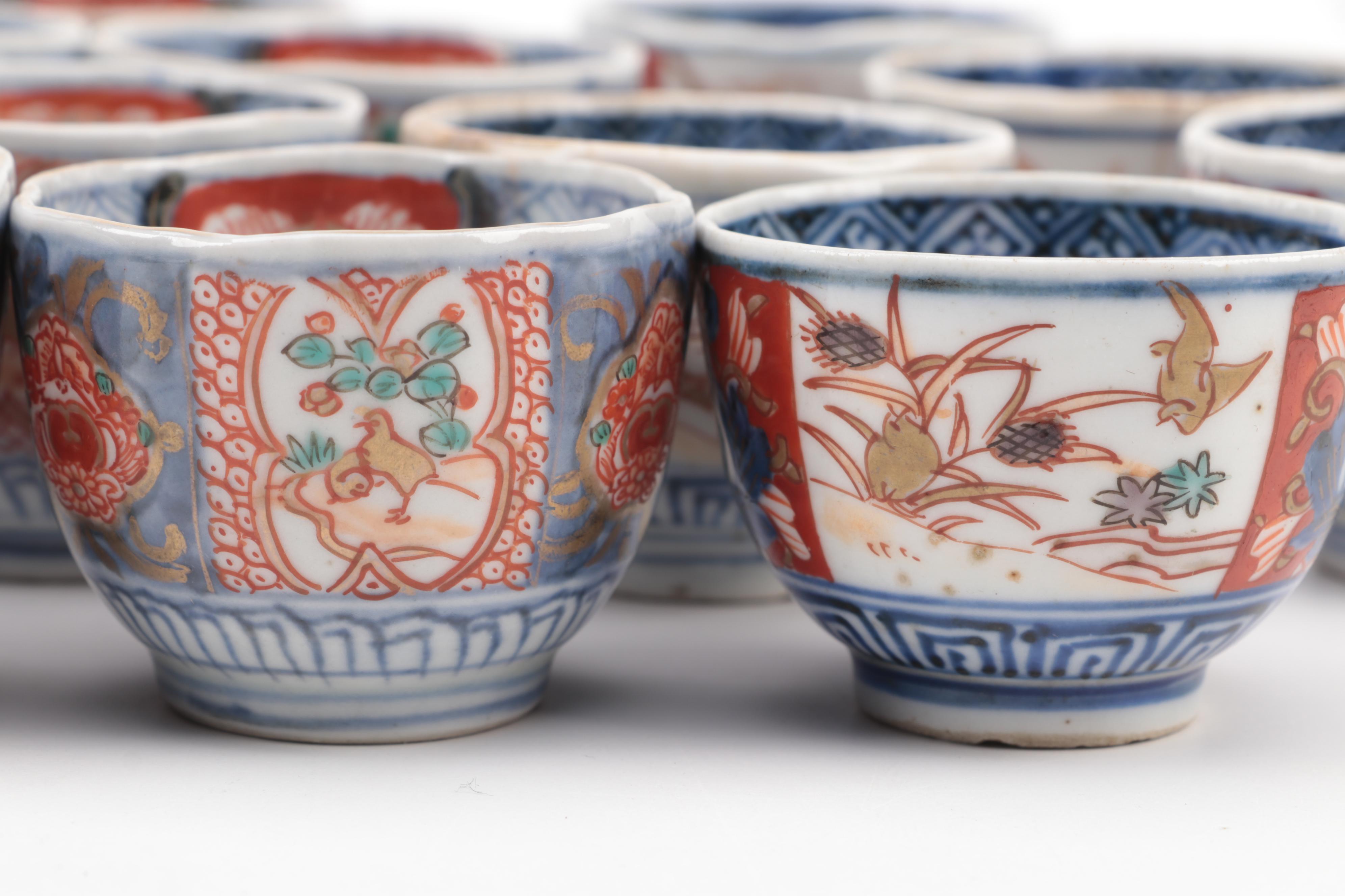 Japanese Arita Imari Porcelain Dinnerware with Pine Wood Crates, Meiji Period