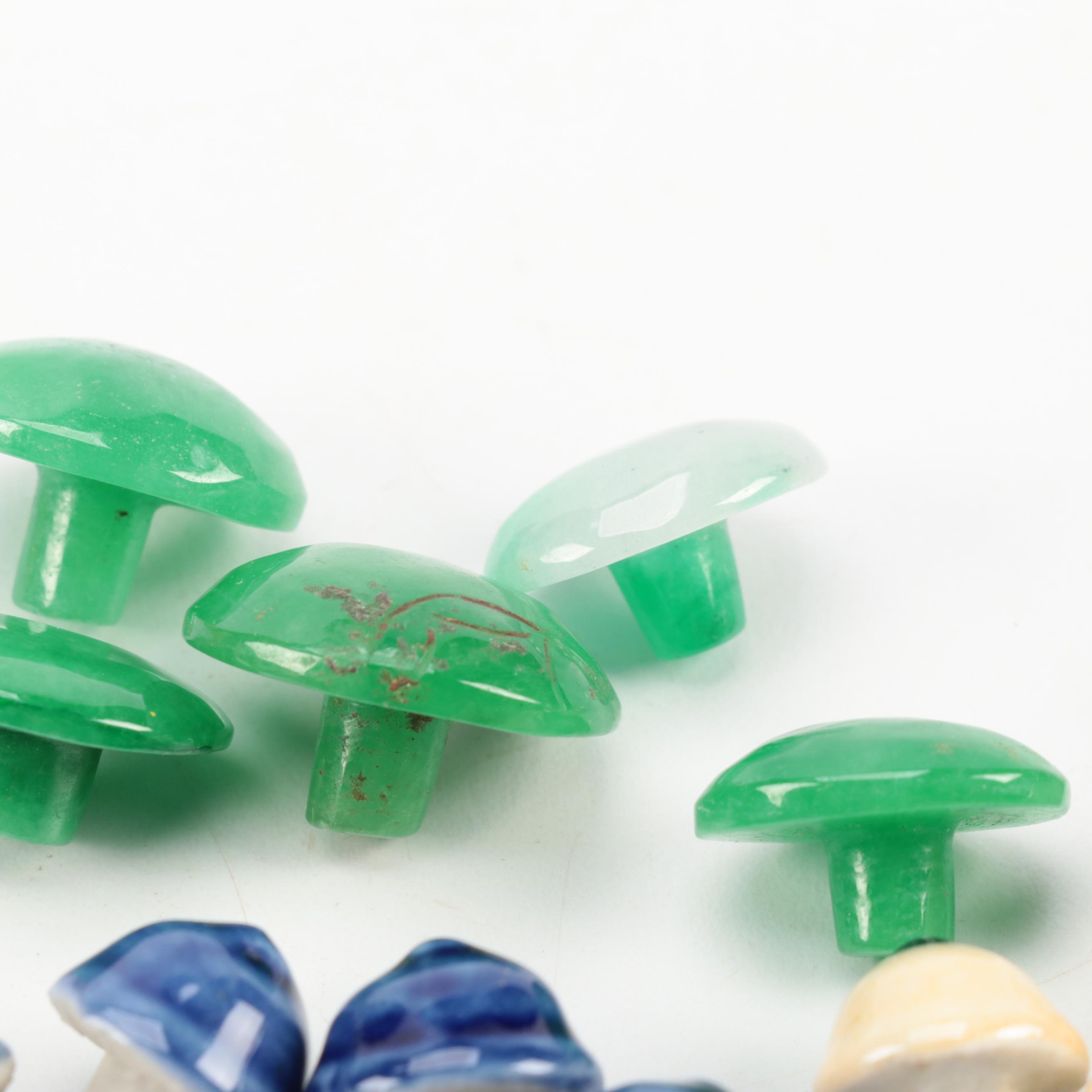 Chinese Carved Jadeite Snuff Bottle with Collection of Snuff Bottle Lids