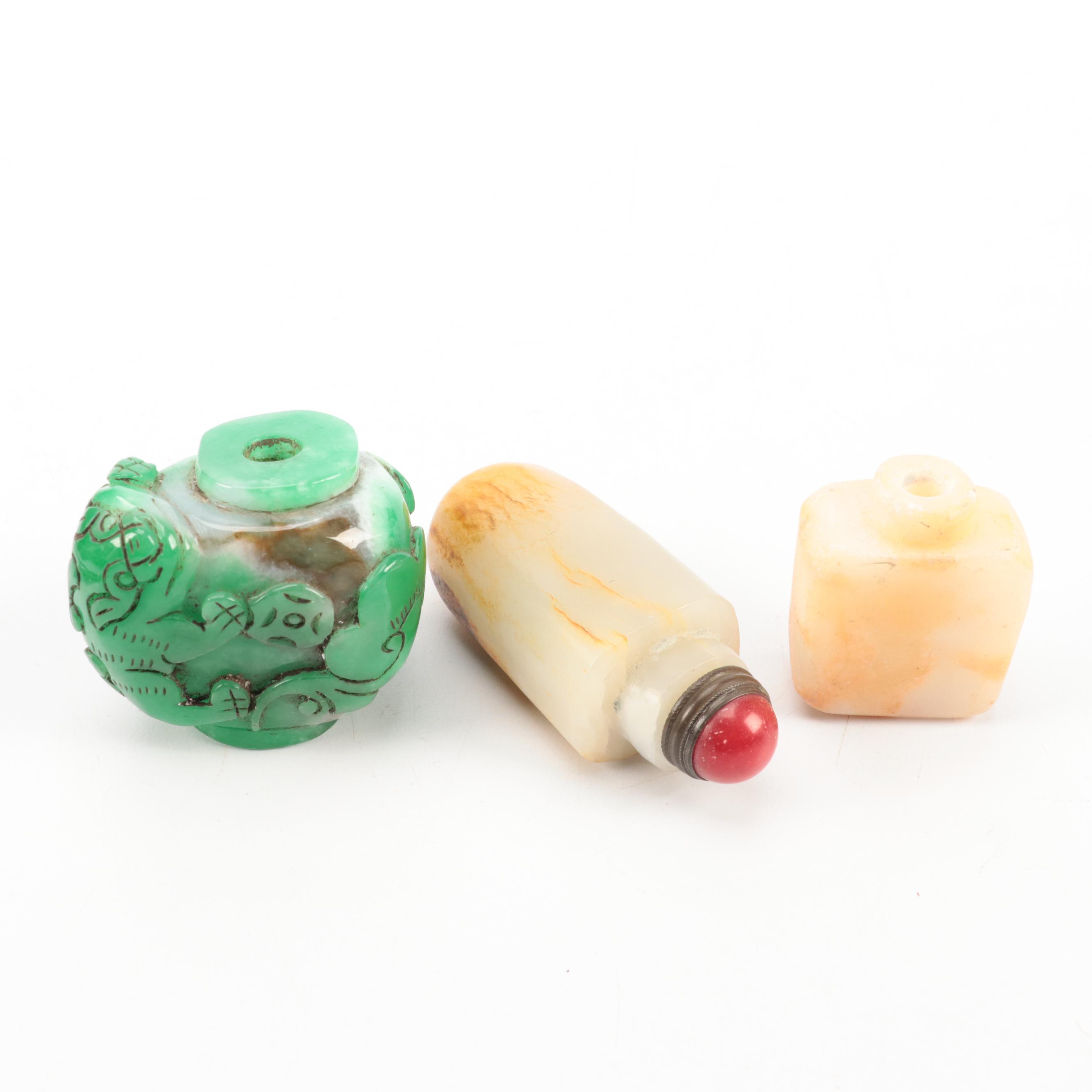 Chinese Carved Jadeite Snuff Bottle with Collection of Snuff Bottle Lids