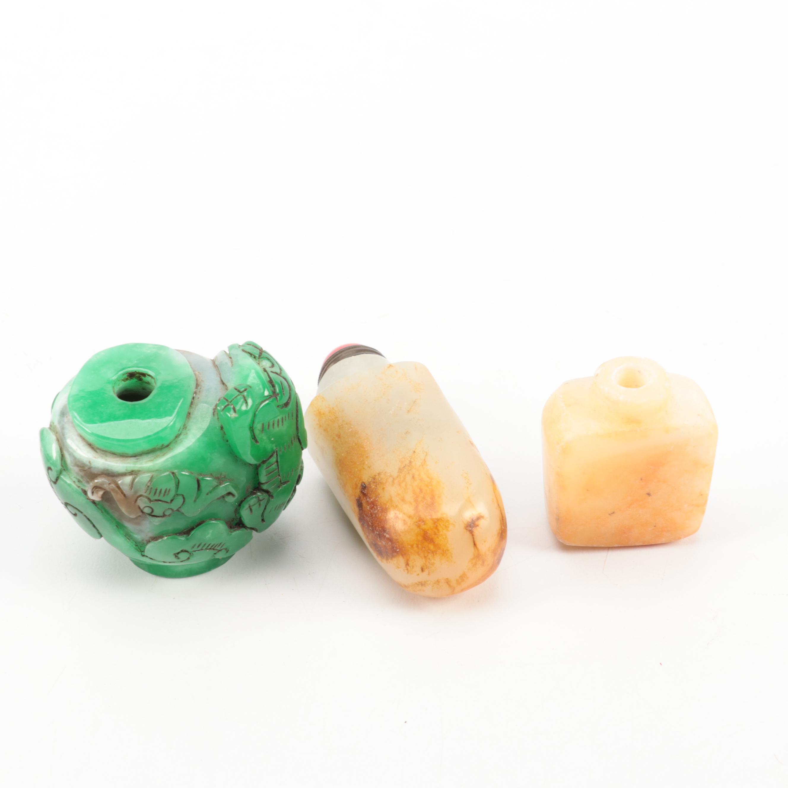 Chinese Carved Jadeite Snuff Bottle with Collection of Snuff Bottle Lids