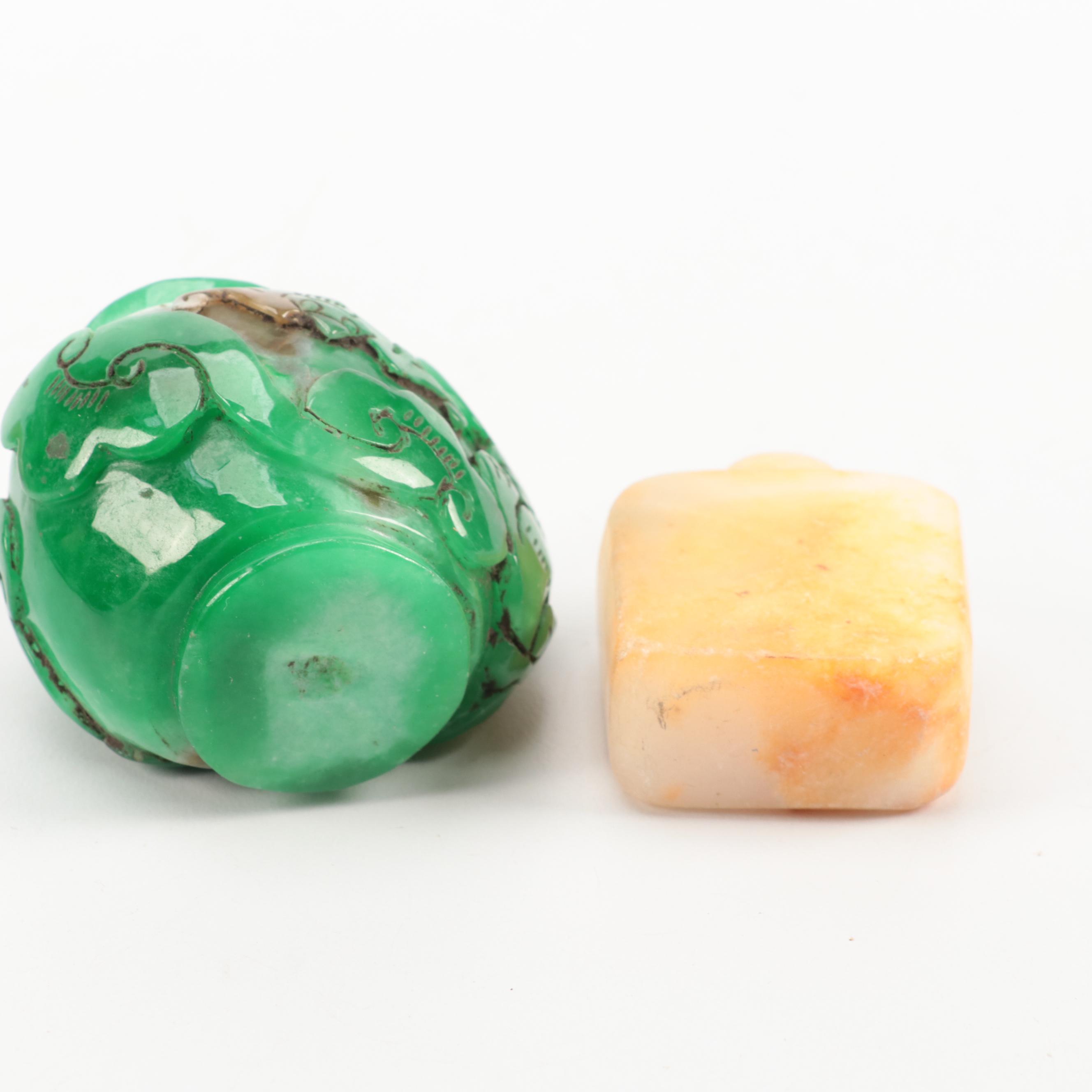 Chinese Carved Jadeite Snuff Bottle with Collection of Snuff Bottle Lids