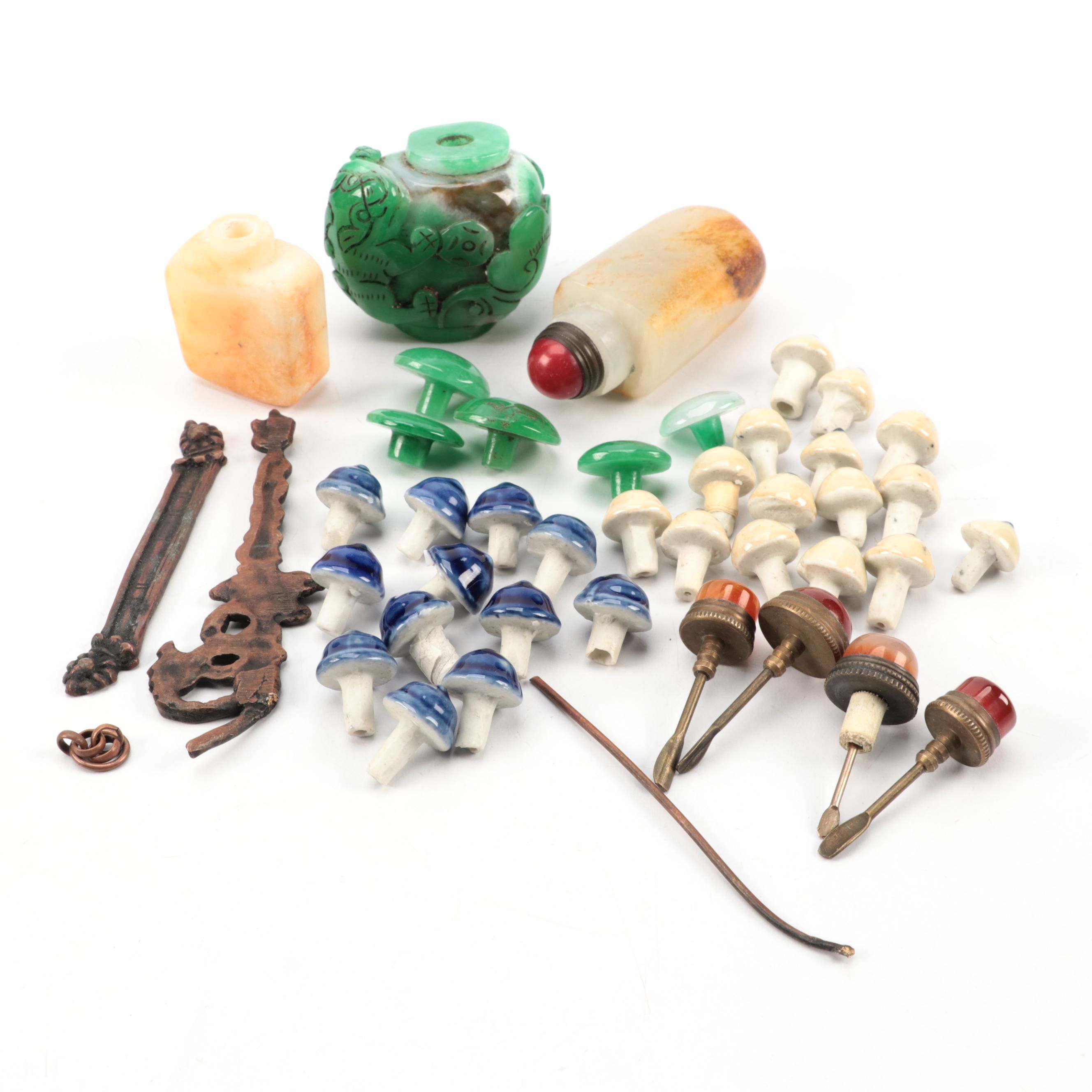 Chinese Carved Jadeite Snuff Bottle with Collection of Snuff Bottle Lids