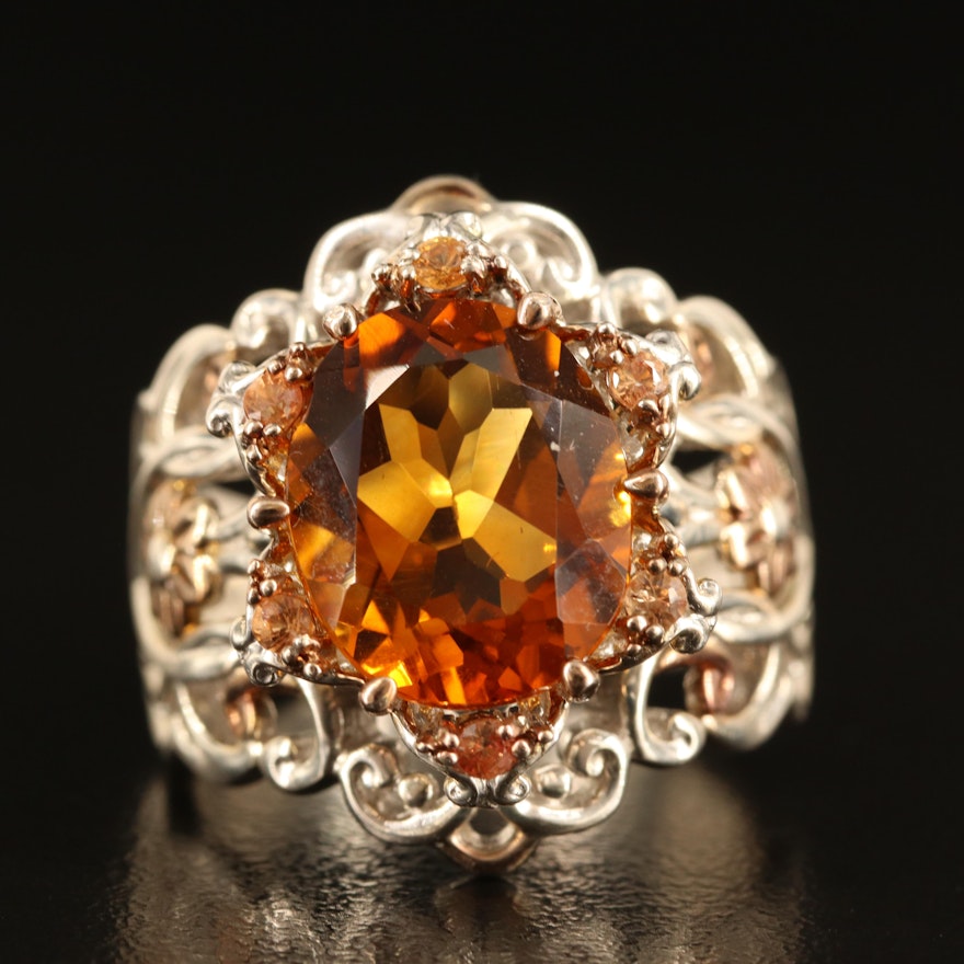 Sterling Citrine and Sapphire Ring with Rose-Tone Flower Accents