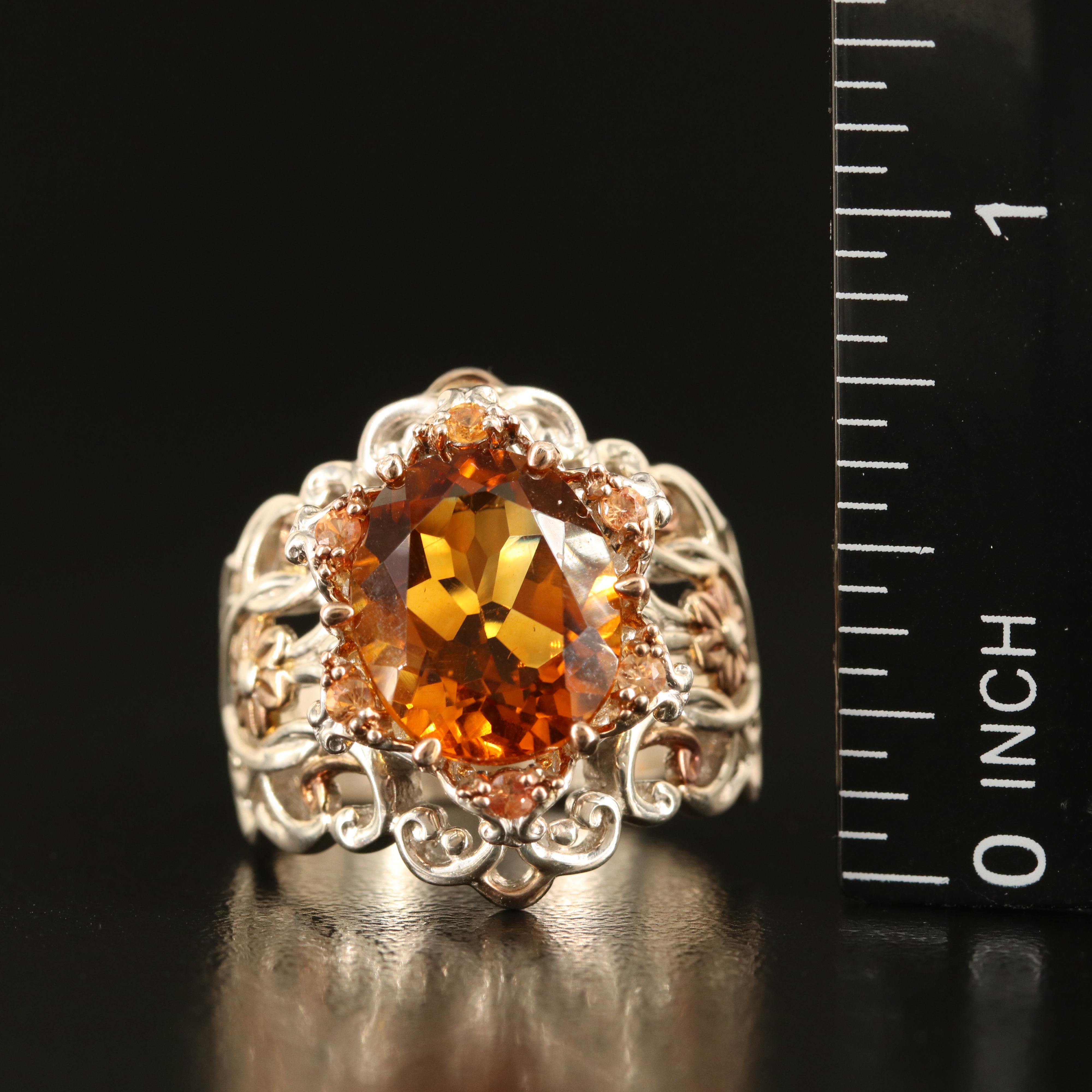 Sterling Citrine and Sapphire Ring with Rose-Tone Flower Accents