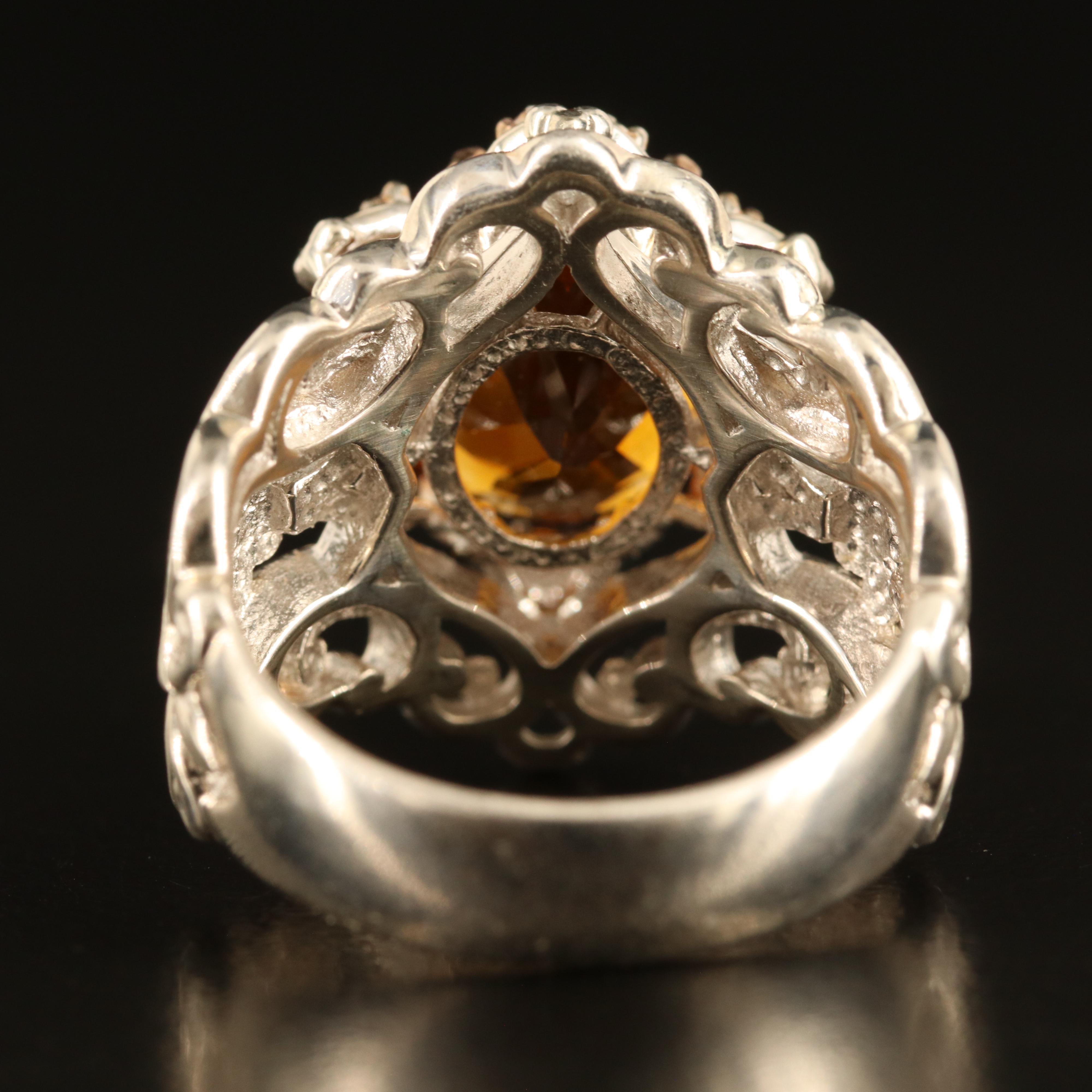 Sterling Citrine and Sapphire Ring with Rose-Tone Flower Accents