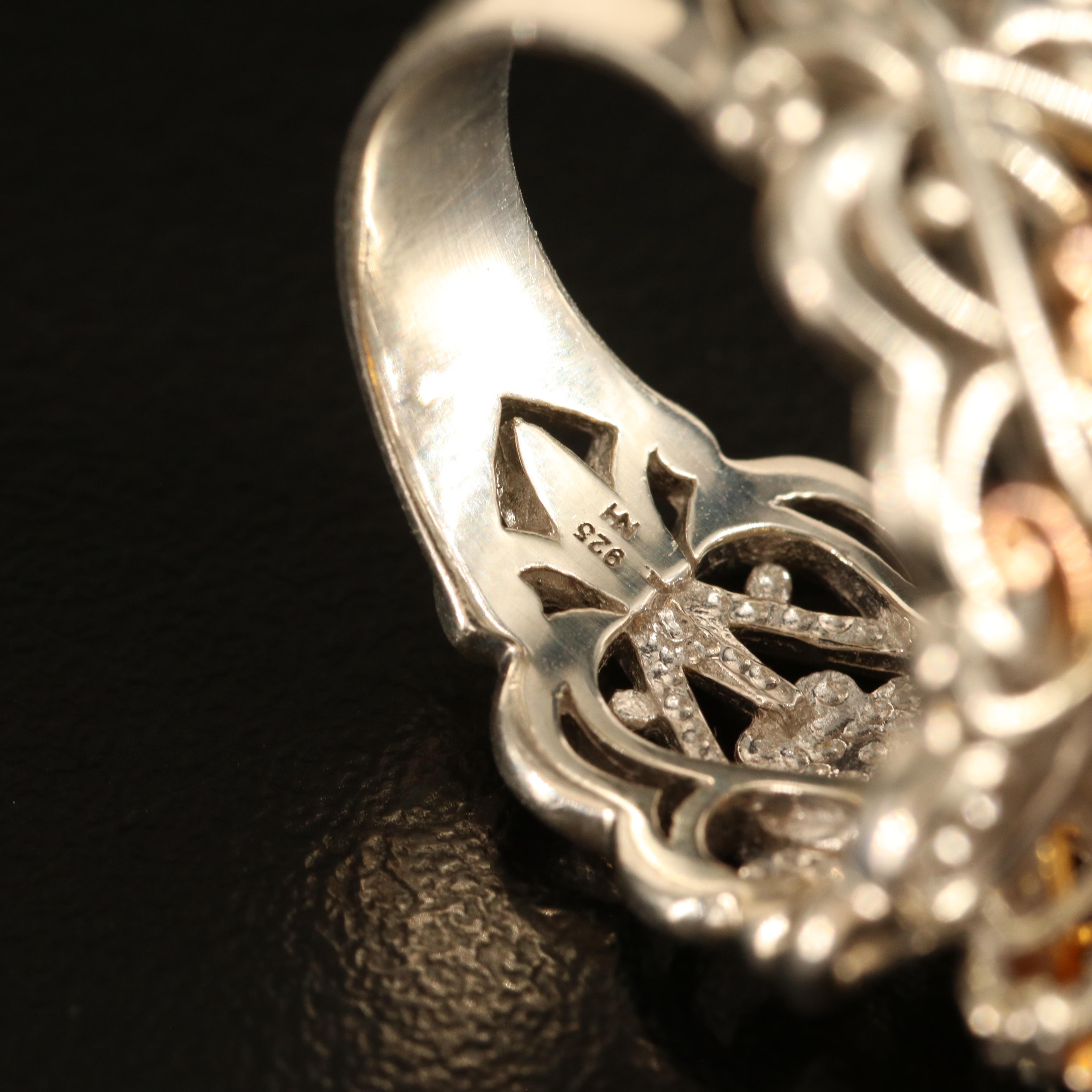 Sterling Citrine and Sapphire Ring with Rose-Tone Flower Accents