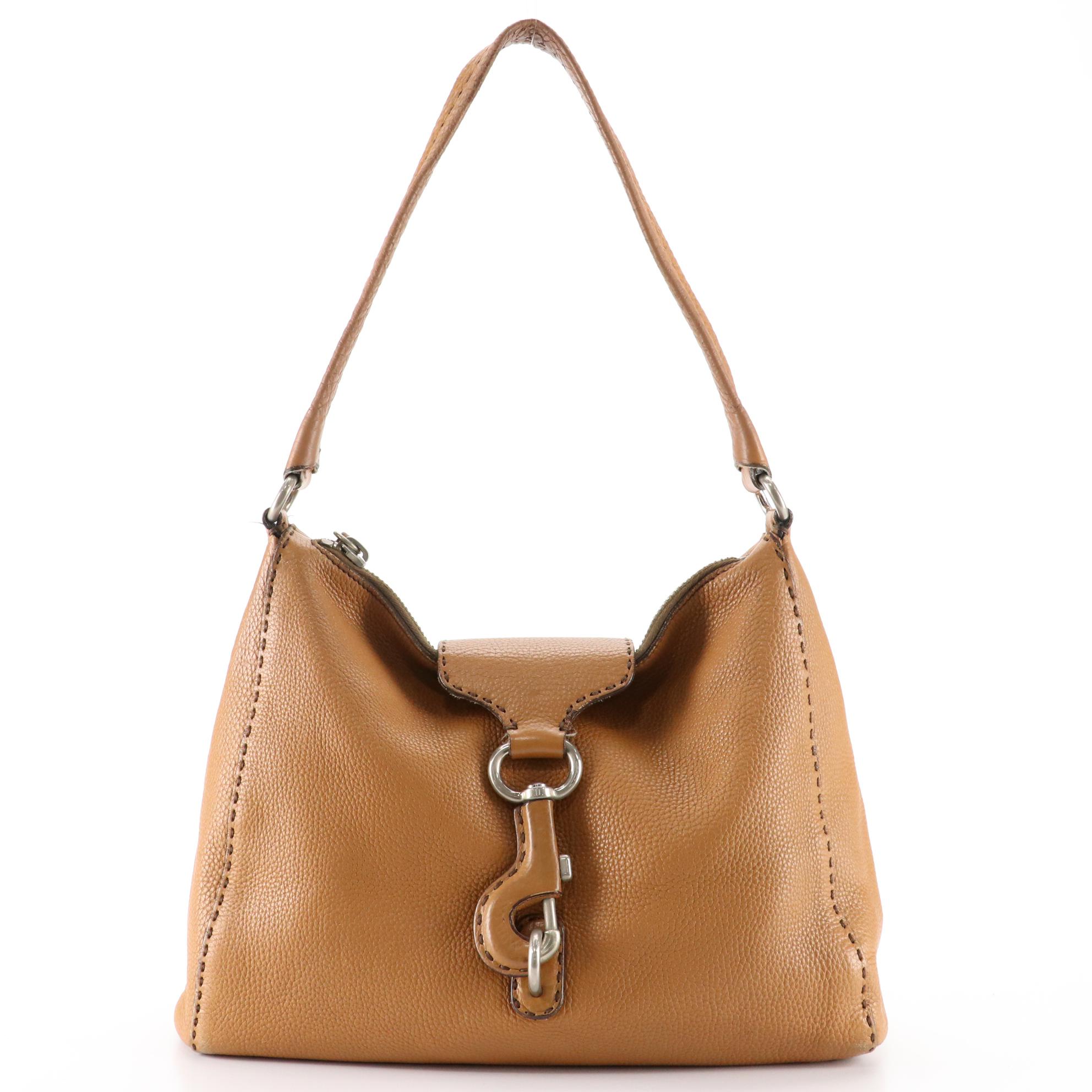 Prada Shoulder Bag in Brown Pebbled Leather with Oversized Clasp Hardware