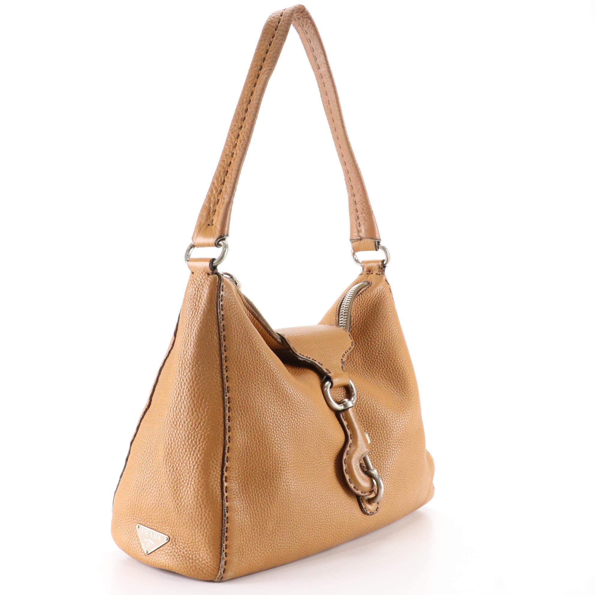 Prada Shoulder Bag in Brown Pebbled Leather with Oversized Clasp Hardware