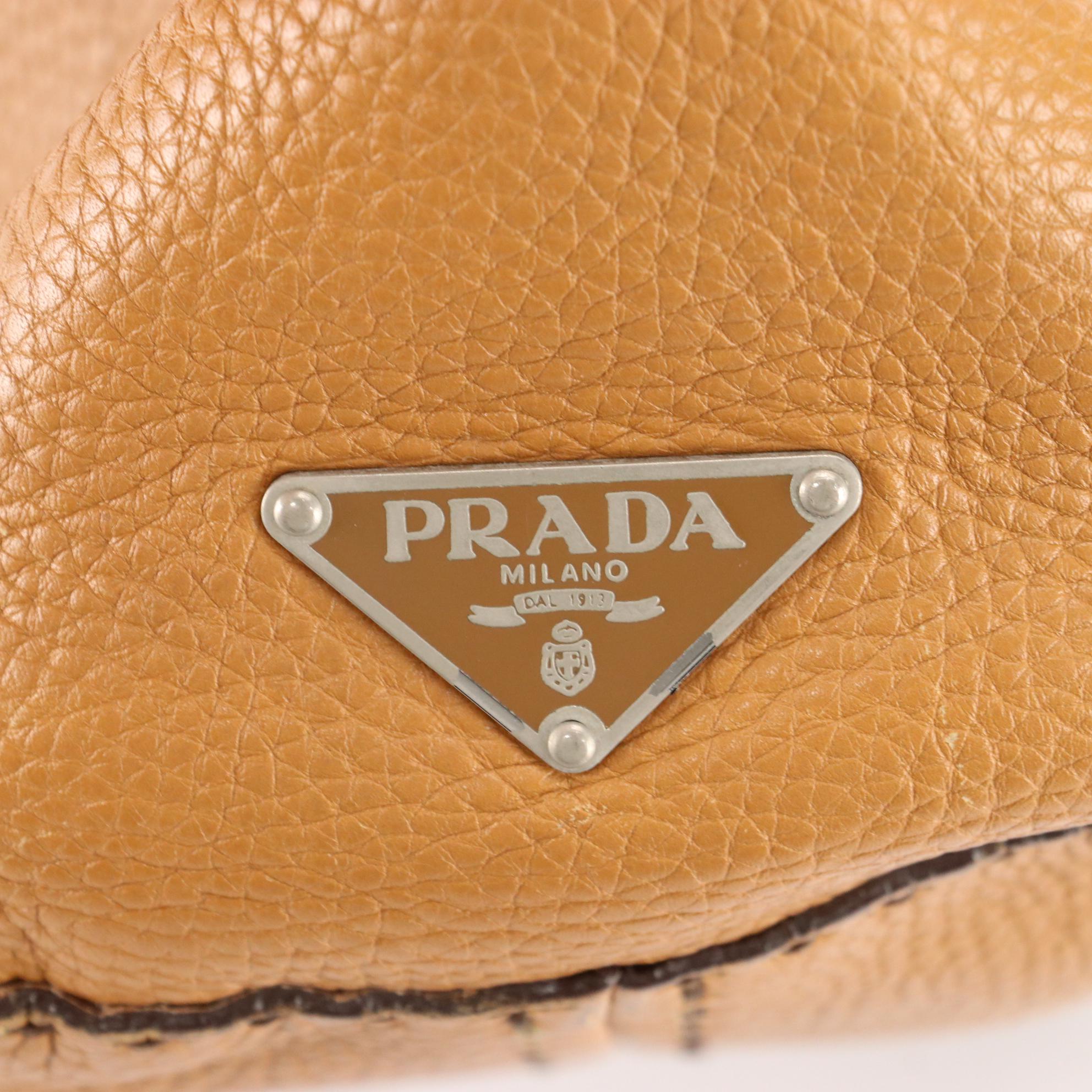 Prada Shoulder Bag in Brown Pebbled Leather with Oversized Clasp Hardware