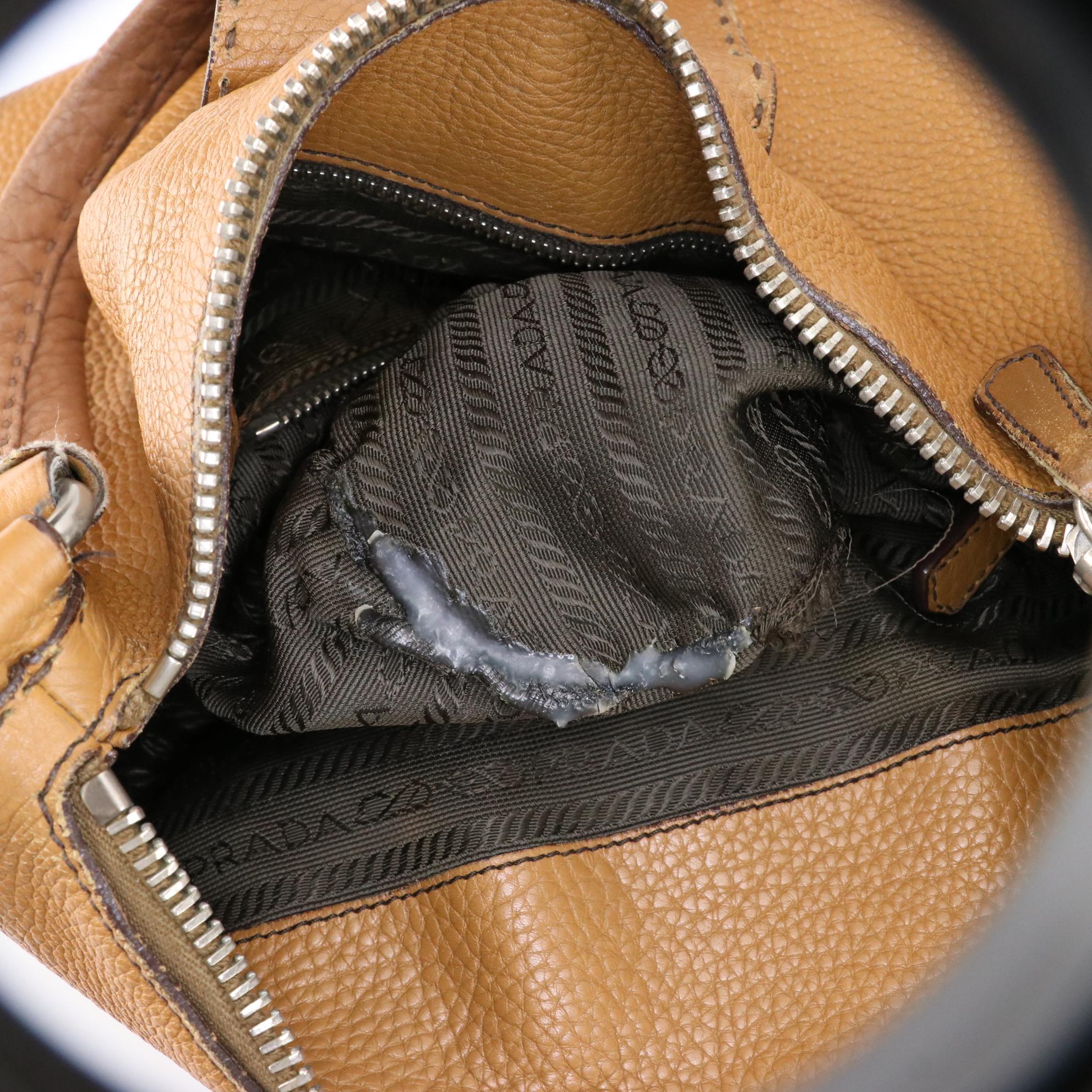 Prada Shoulder Bag in Brown Pebbled Leather with Oversized Clasp Hardware