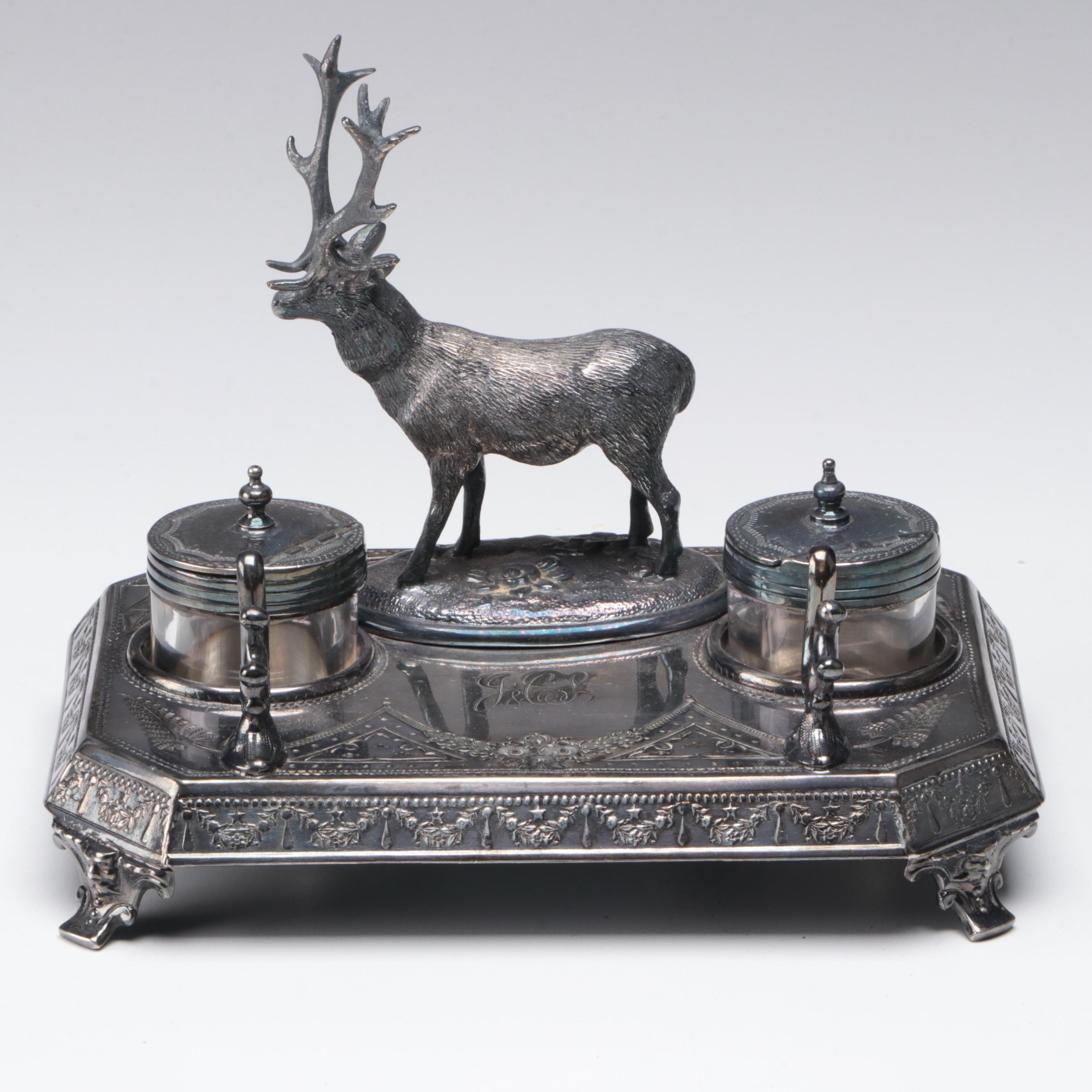 James Deakin & Sons Silver Plate Elk Double Inkstand and Pen Holder