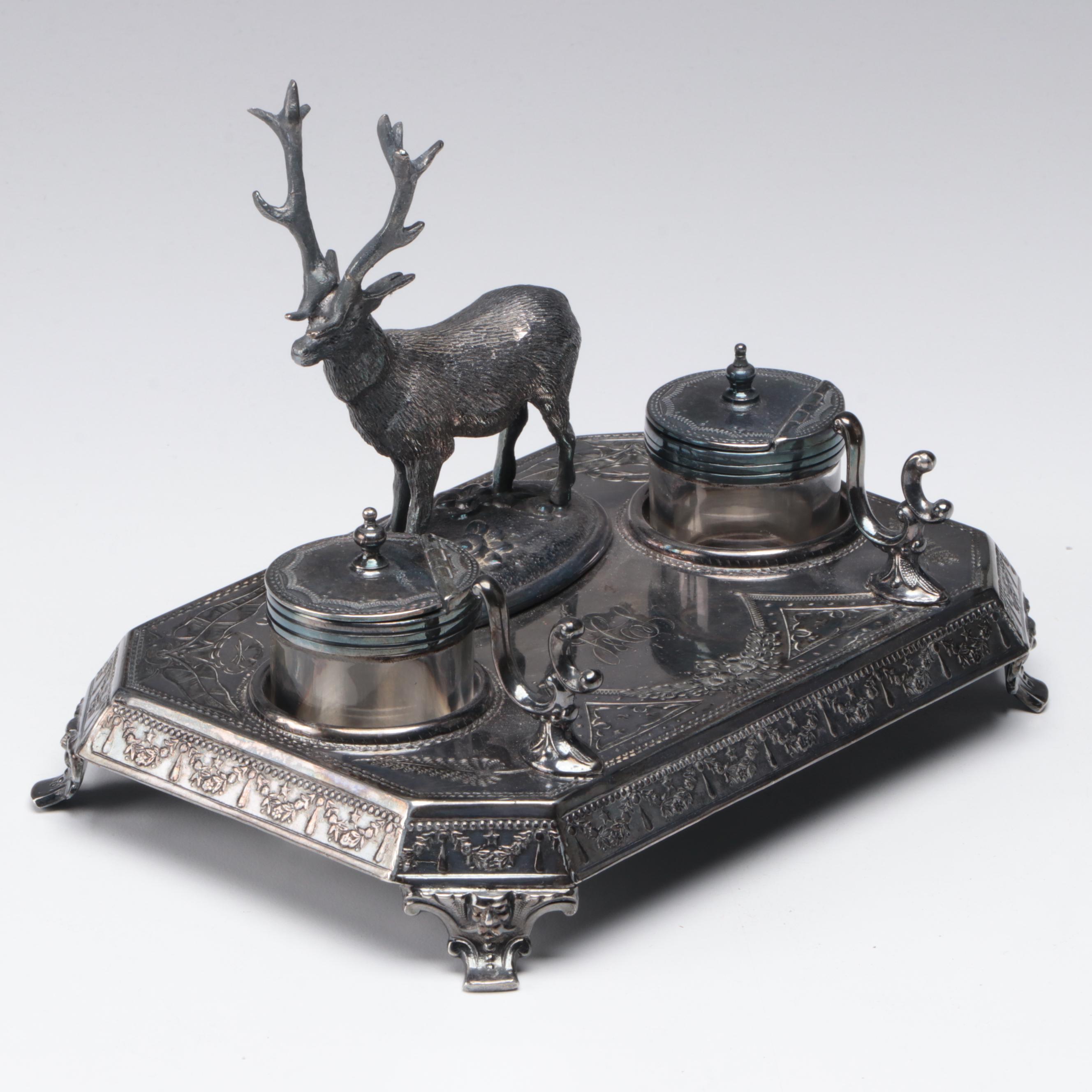 James Deakin & Sons Silver Plate Elk Double Inkstand and Pen Holder