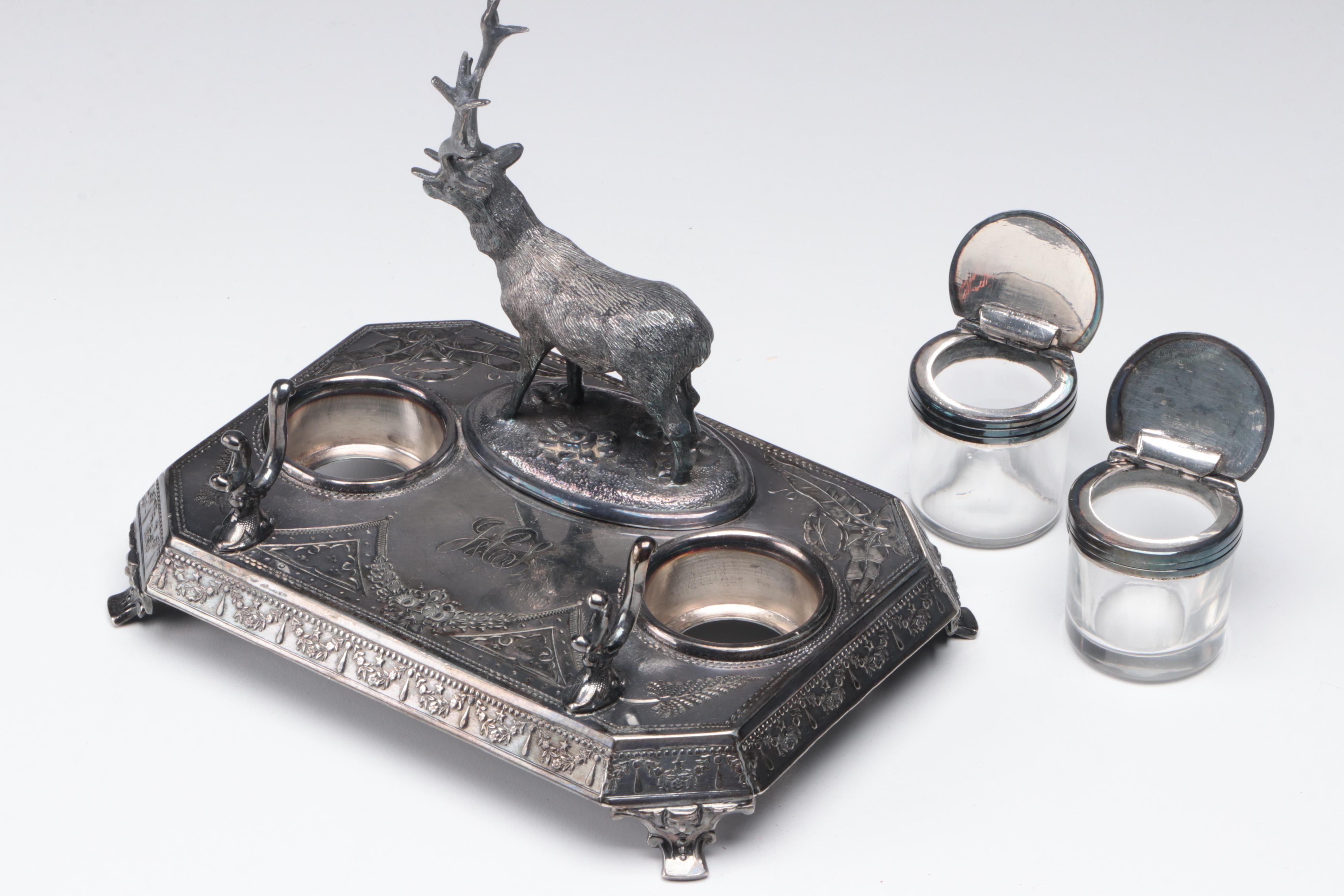 James Deakin & Sons Silver Plate Elk Double Inkstand and Pen Holder