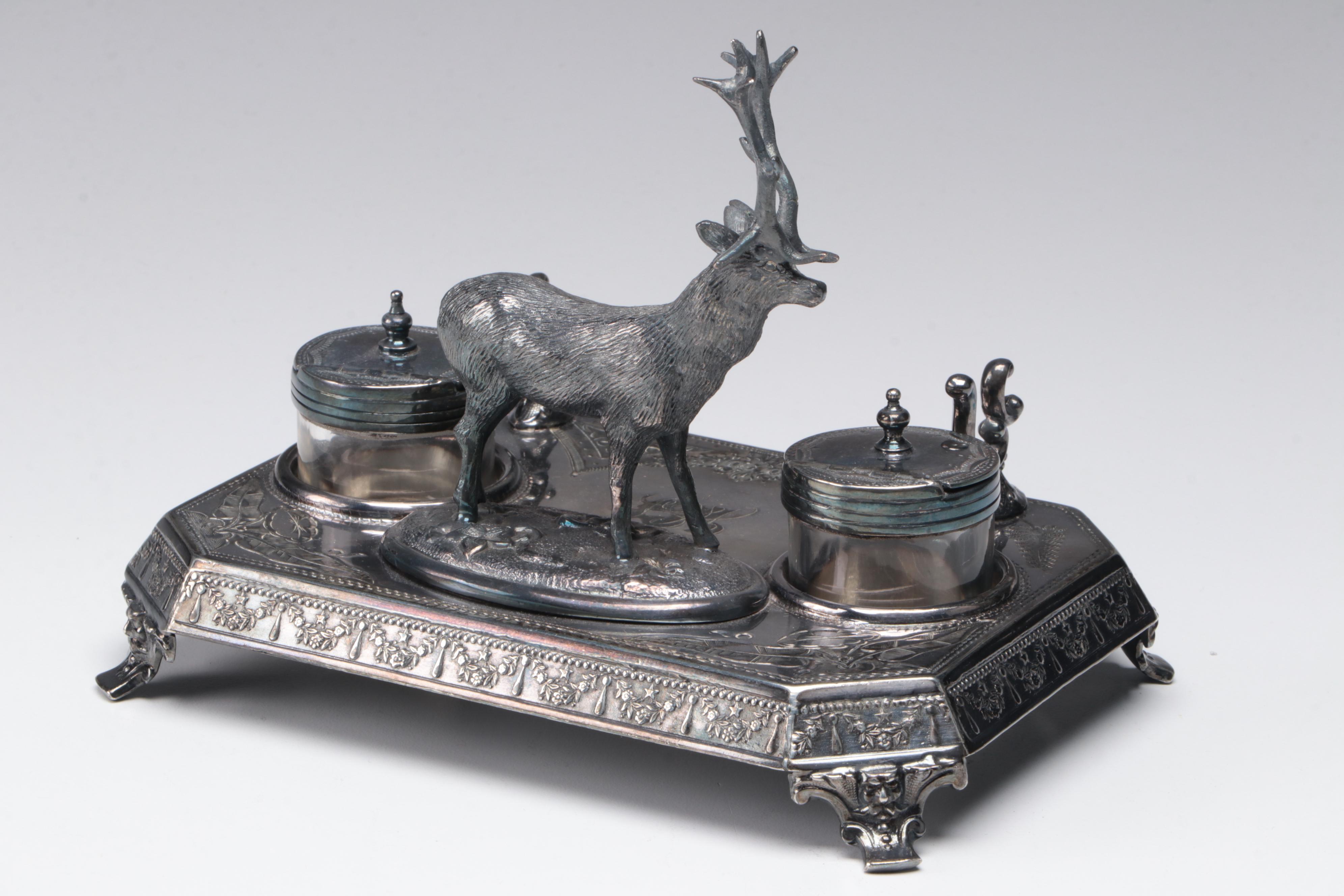 James Deakin & Sons Silver Plate Elk Double Inkstand and Pen Holder