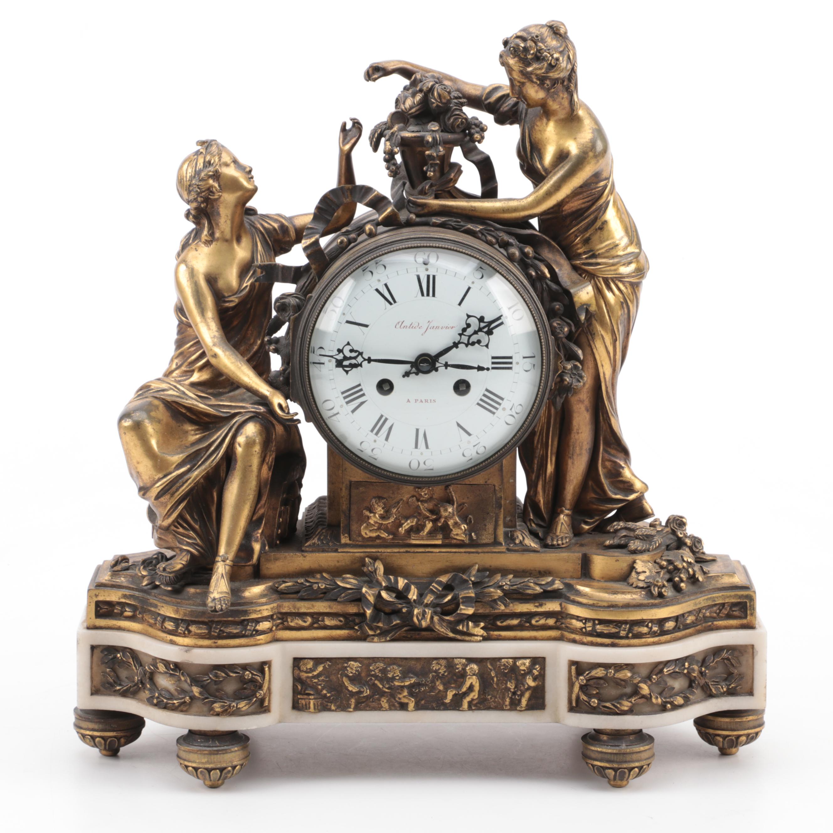 Antide Janvier French Empire Gilt Brass and Marble Mantel Clock, 19th C.