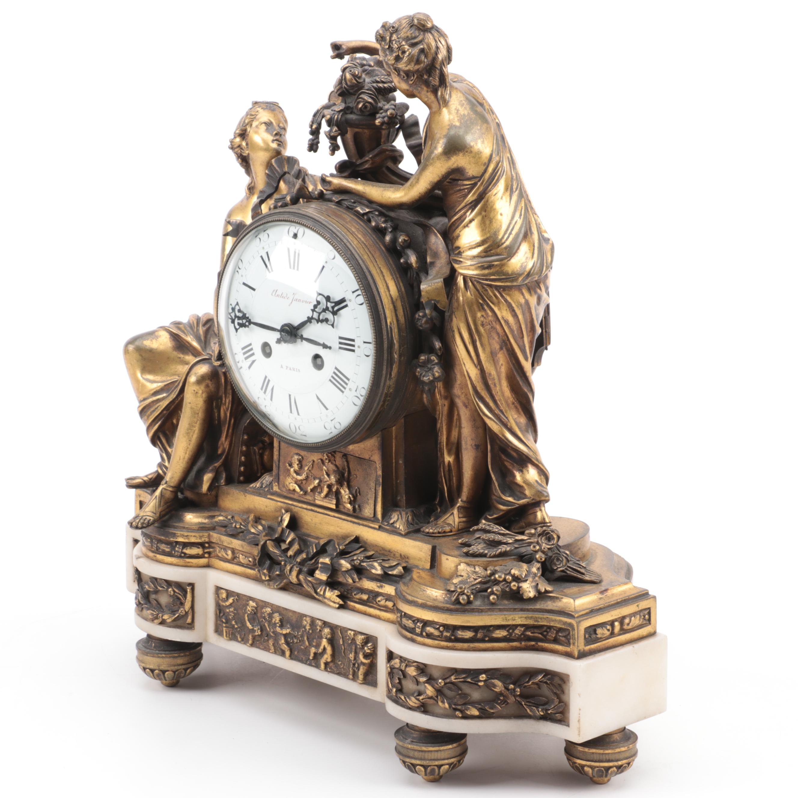 Antide Janvier French Empire Gilt Brass and Marble Mantel Clock, 19th C.