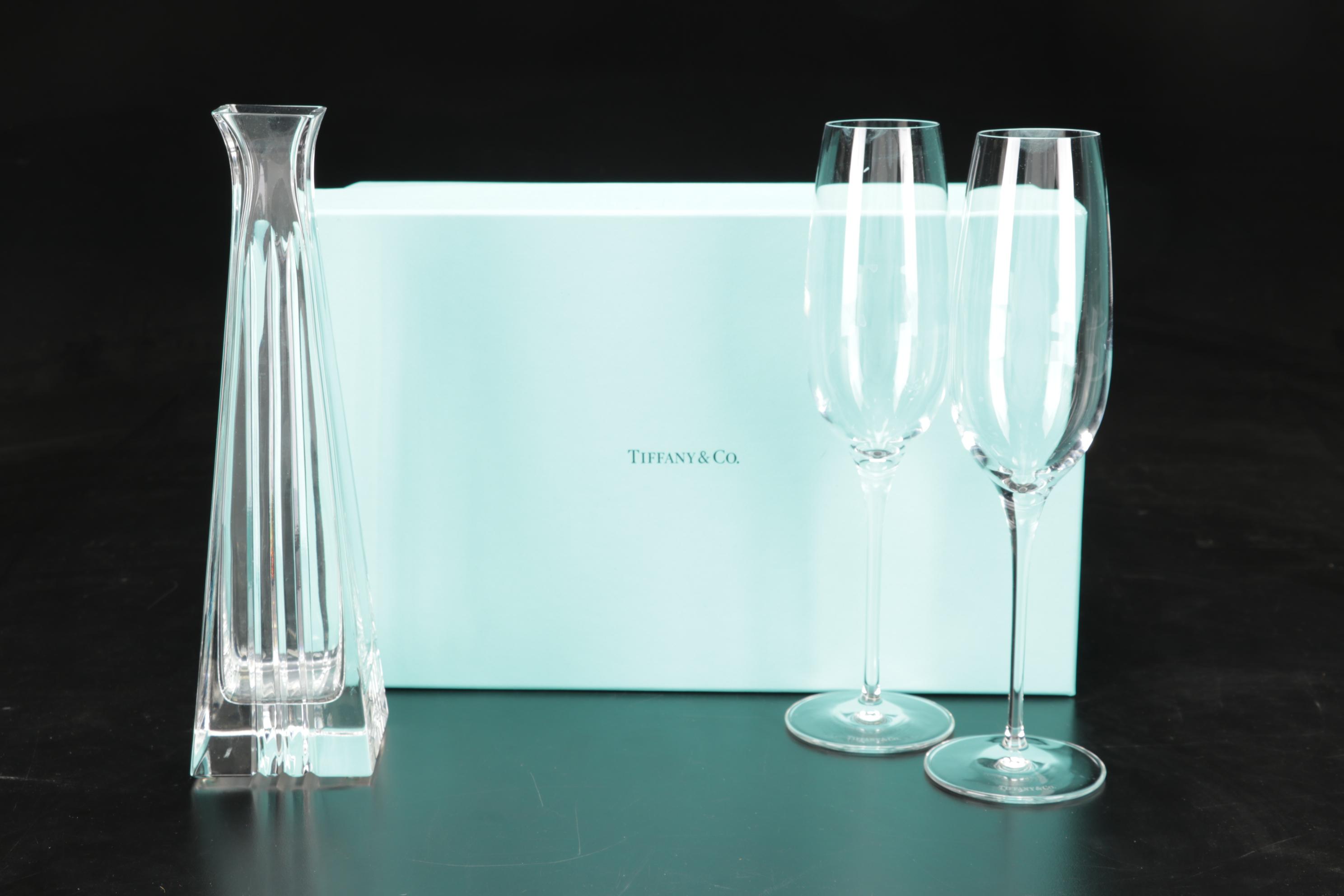 Tiffany & Co. "Metropolis" Crystal Vase and Toasting Champagne Flutes
