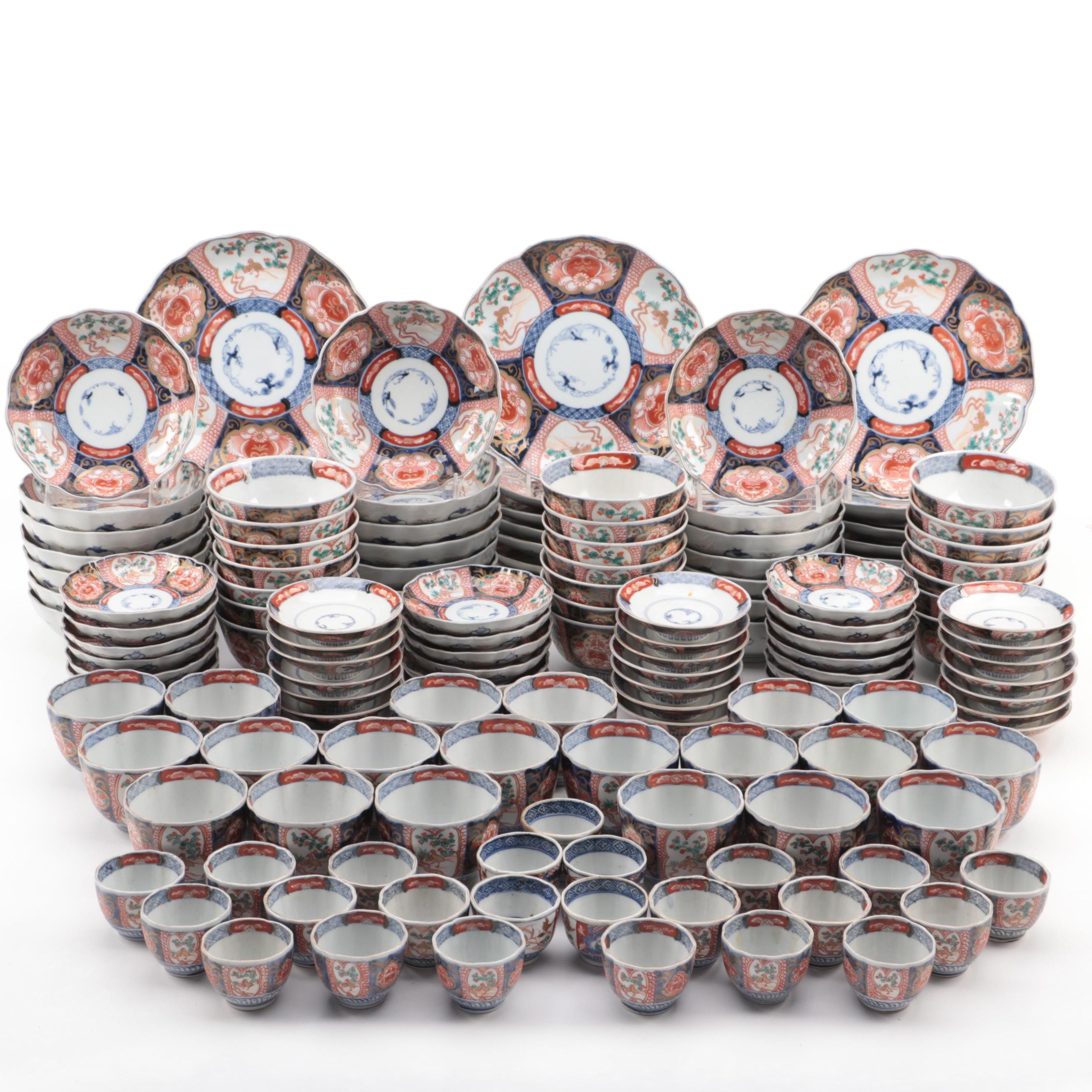 Japanese Arita Imari Porcelain Dinnerware with Pine Wood Crates, Meiji Period