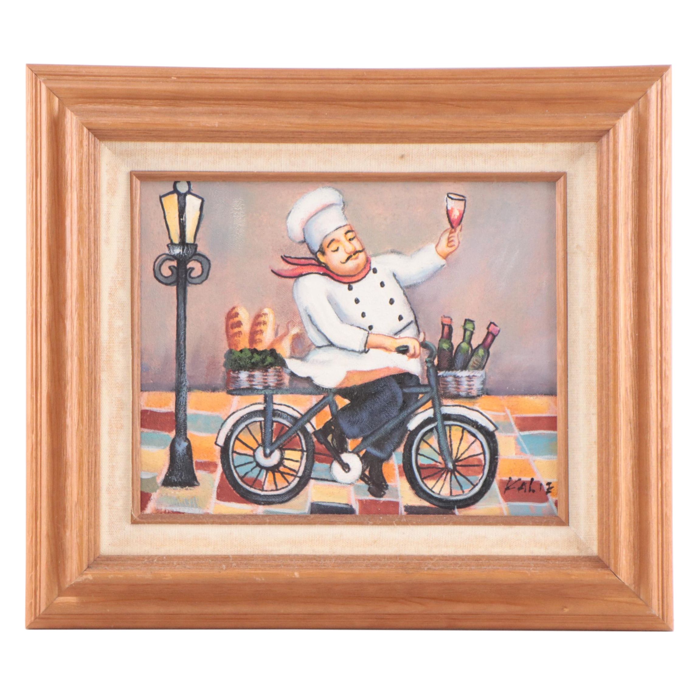 Oil Painting of a Chef Drinking Wine on a Bicycle