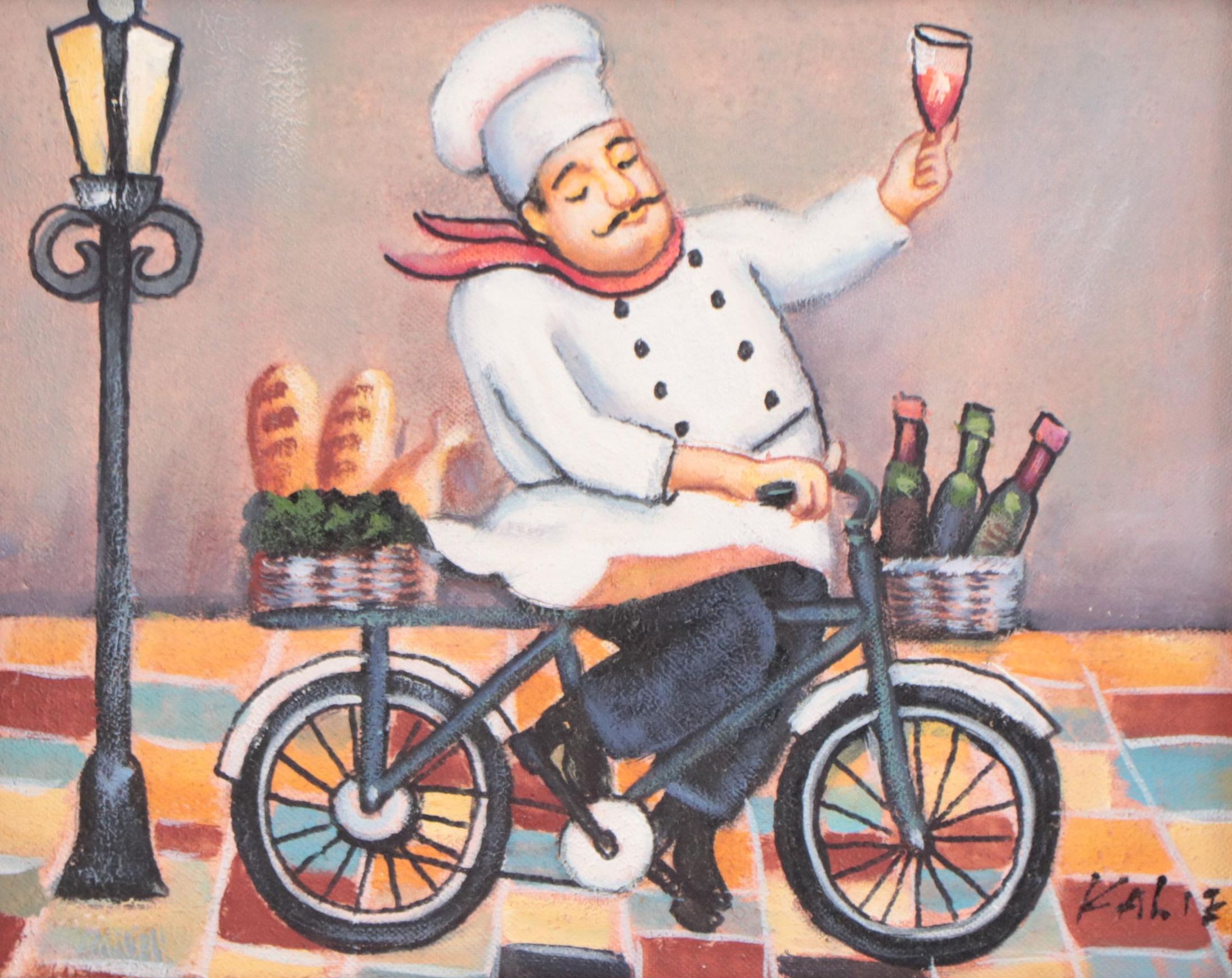 Oil Painting of a Chef Drinking Wine on a Bicycle
