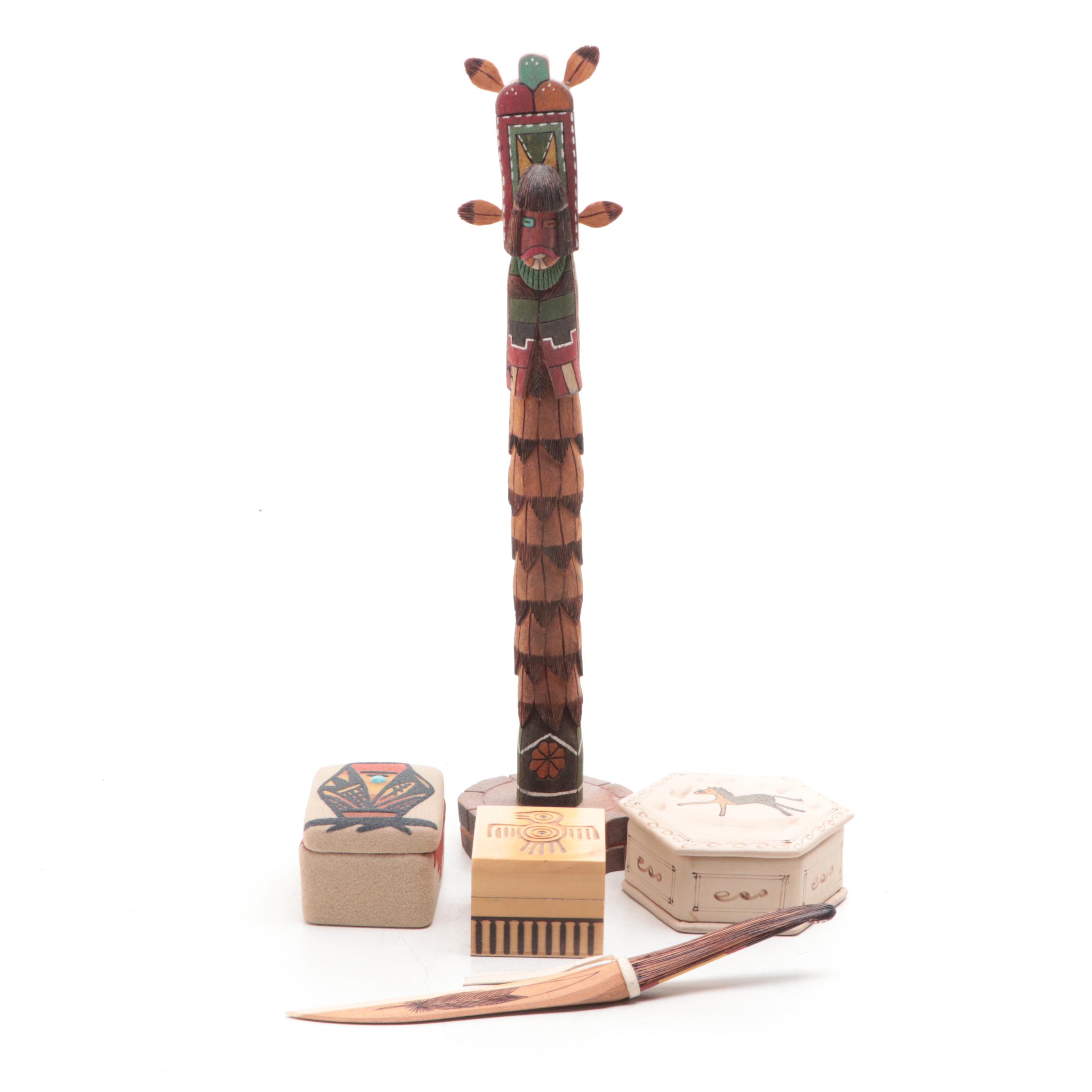 Navajo Sand Art Box, Hopi Mini Totem Pole, More Native American Style Souvenirs