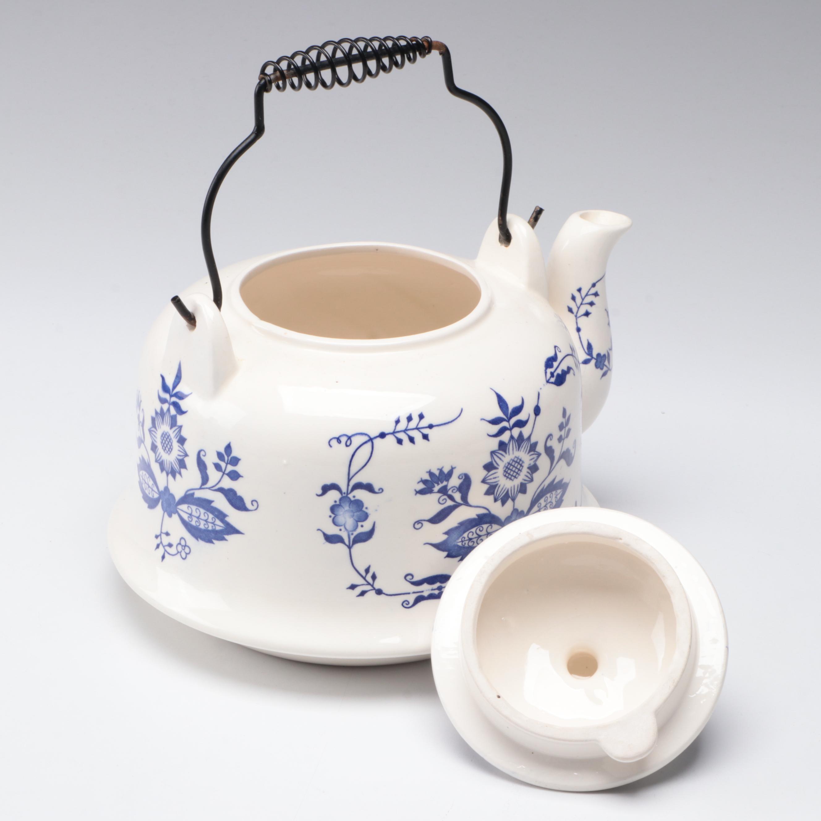 German Blue and White Cookware with Teapot, Bowls and Old Fashioned Glasses