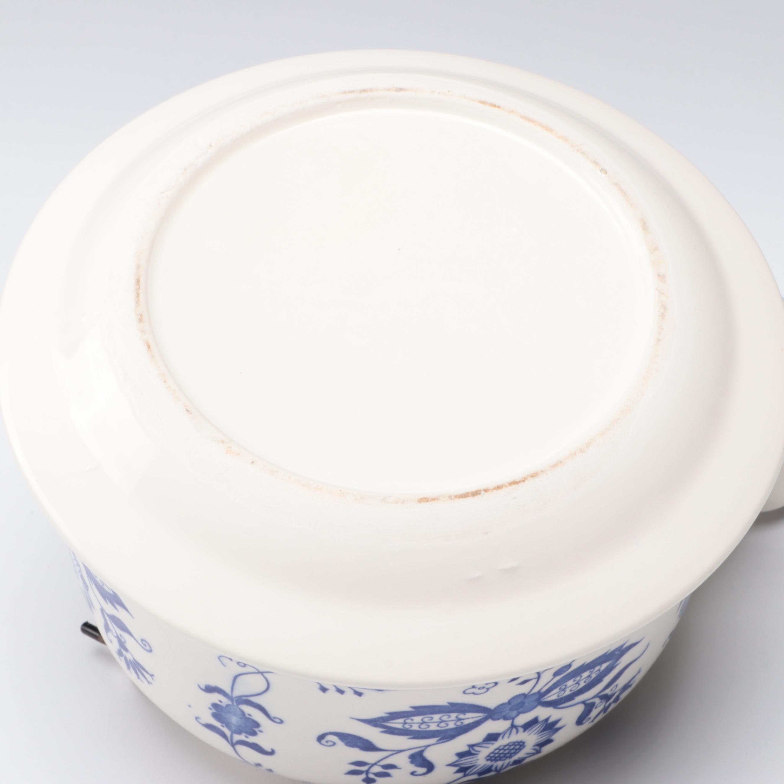 German Blue and White Cookware with Teapot, Bowls and Old Fashioned Glasses