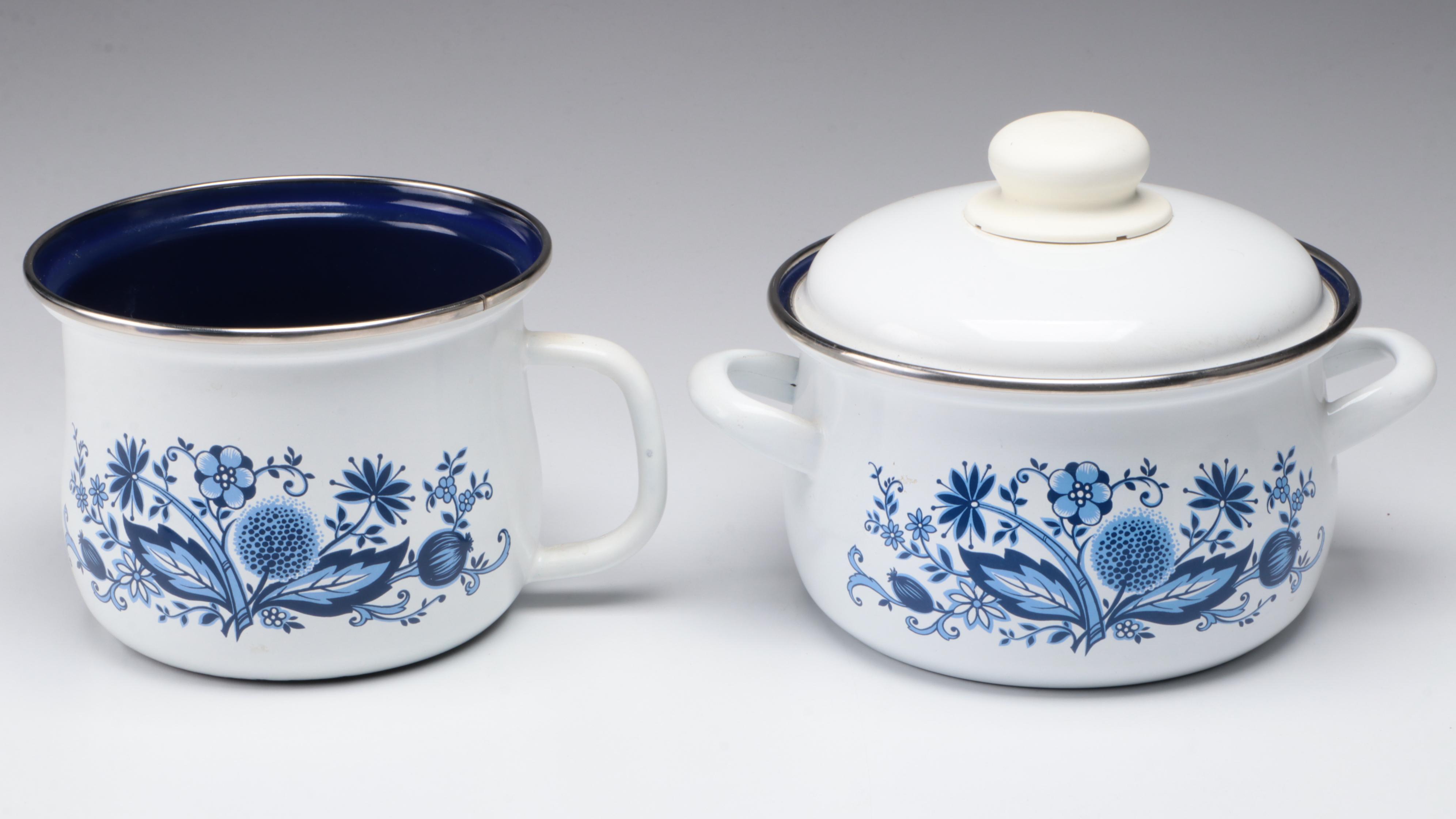 German Blue and White Cookware with Teapot, Bowls and Old Fashioned Glasses