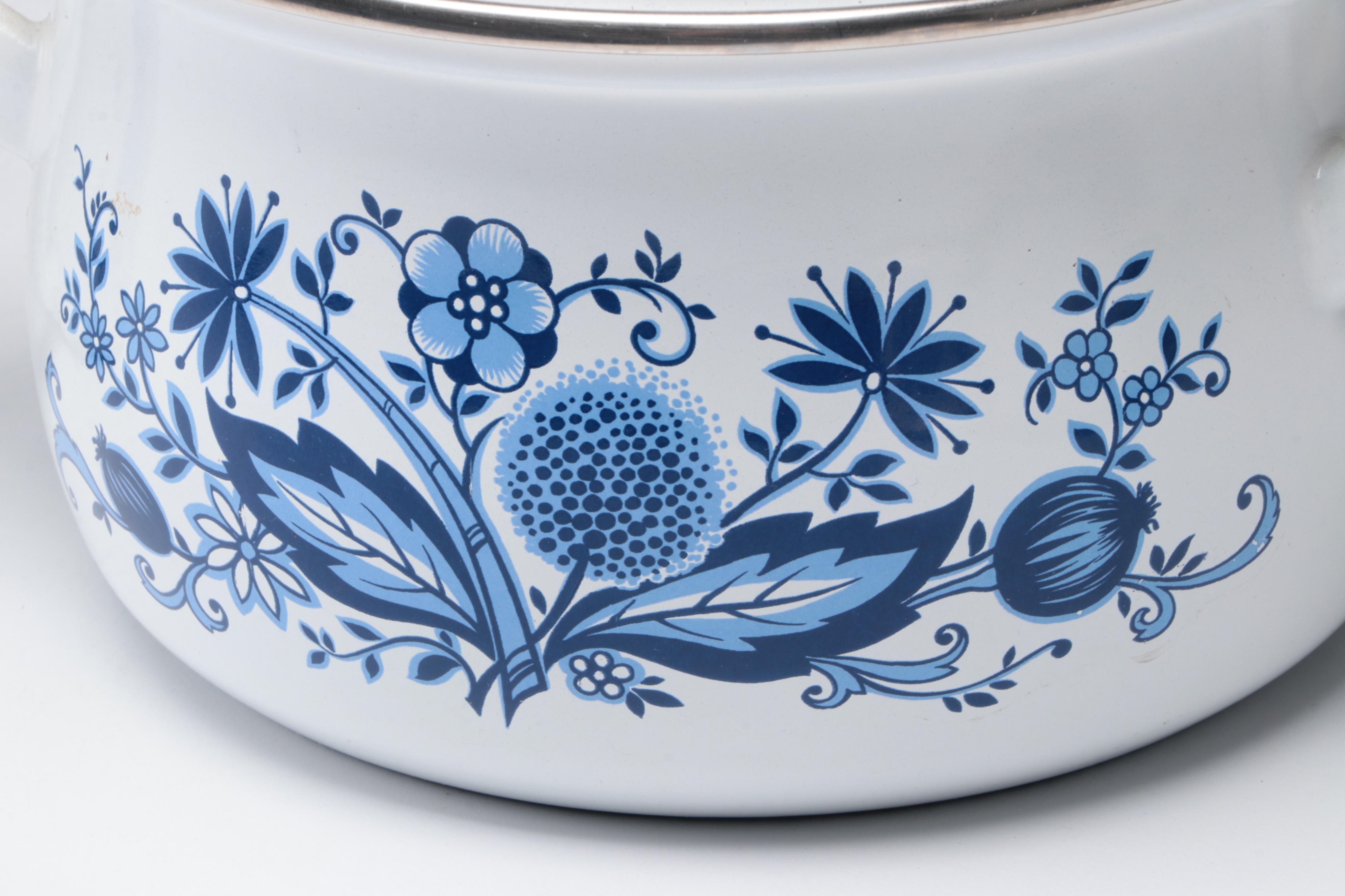 German Blue and White Cookware with Teapot, Bowls and Old Fashioned Glasses