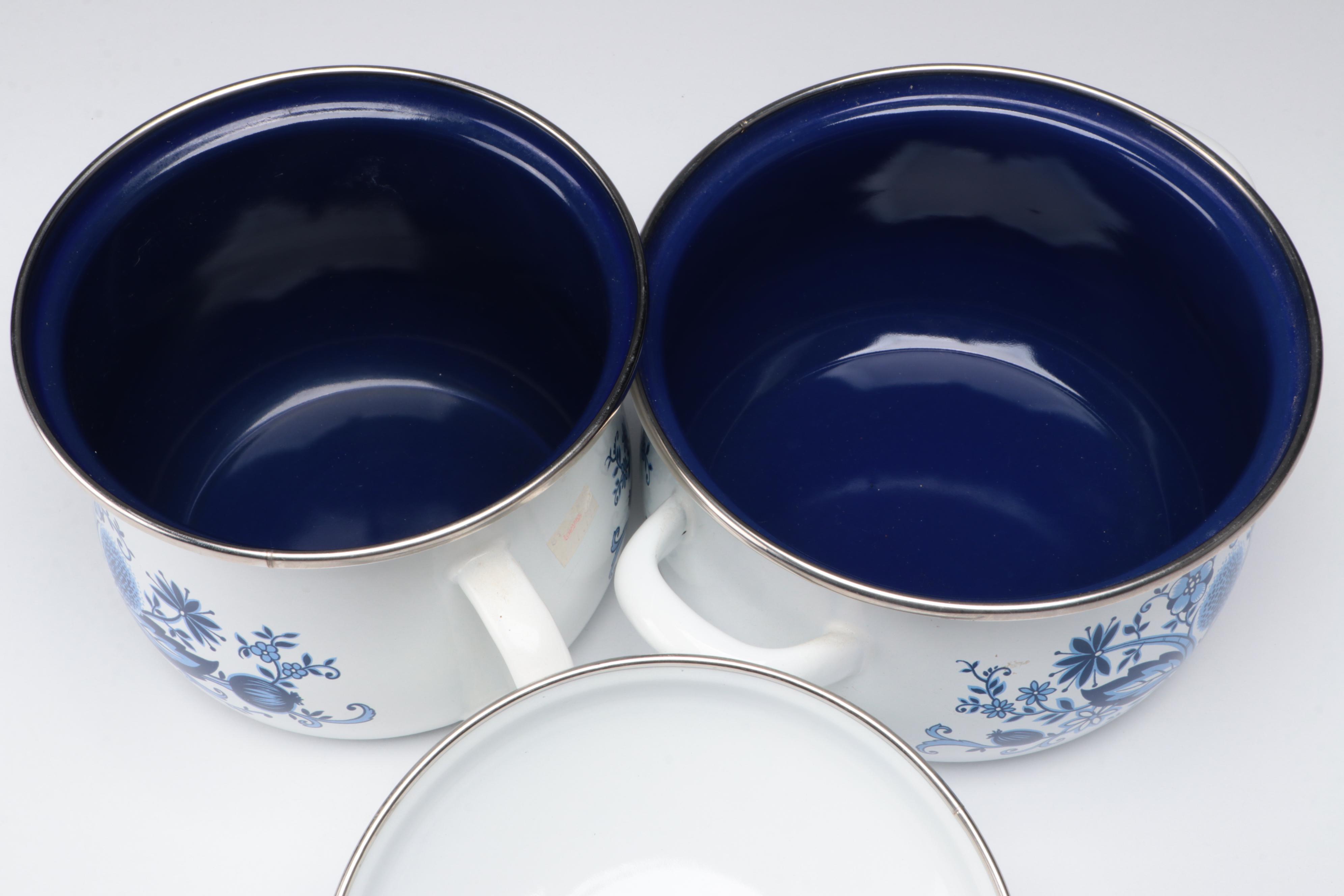 German Blue and White Cookware with Teapot, Bowls and Old Fashioned Glasses