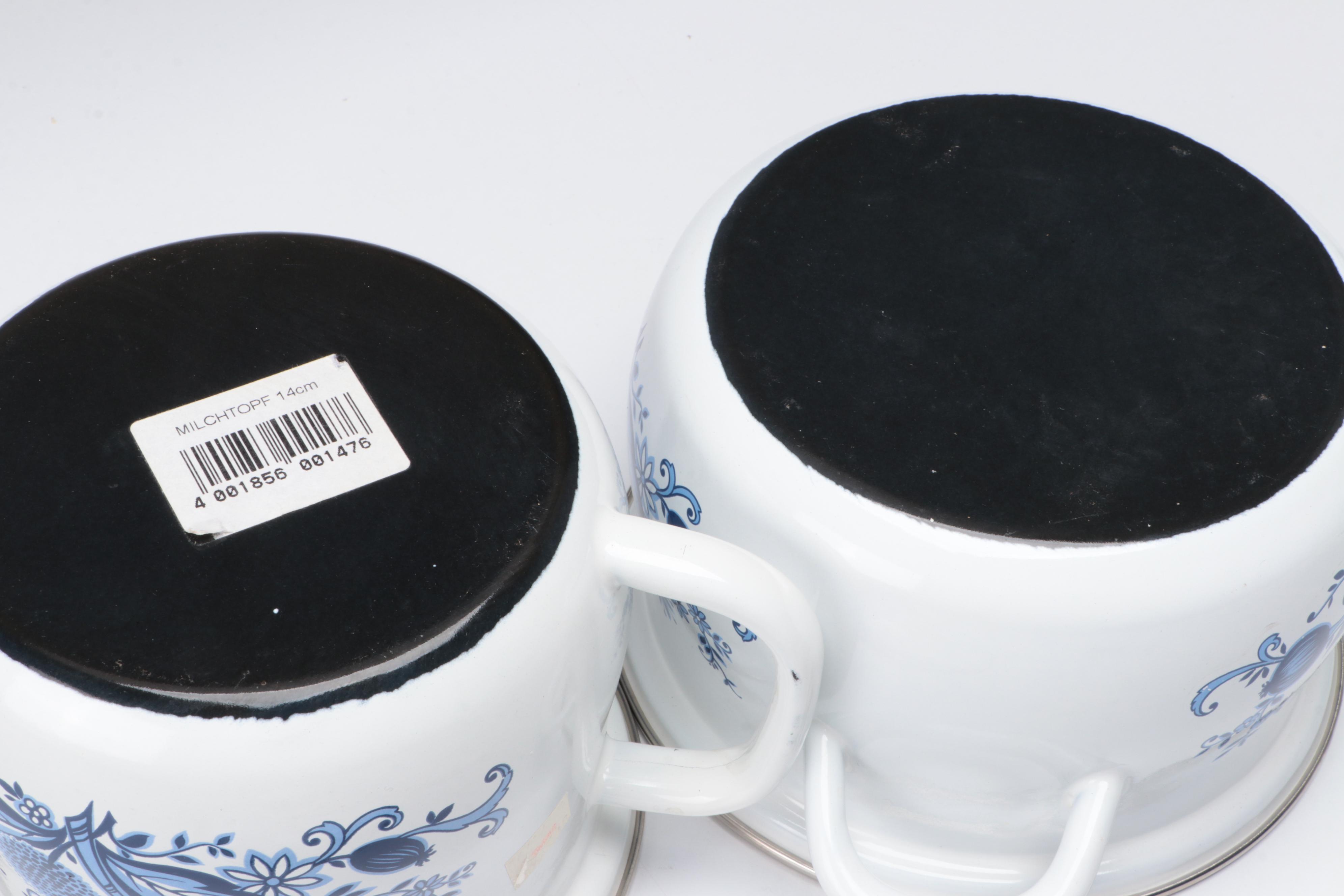 German Blue and White Cookware with Teapot, Bowls and Old Fashioned Glasses