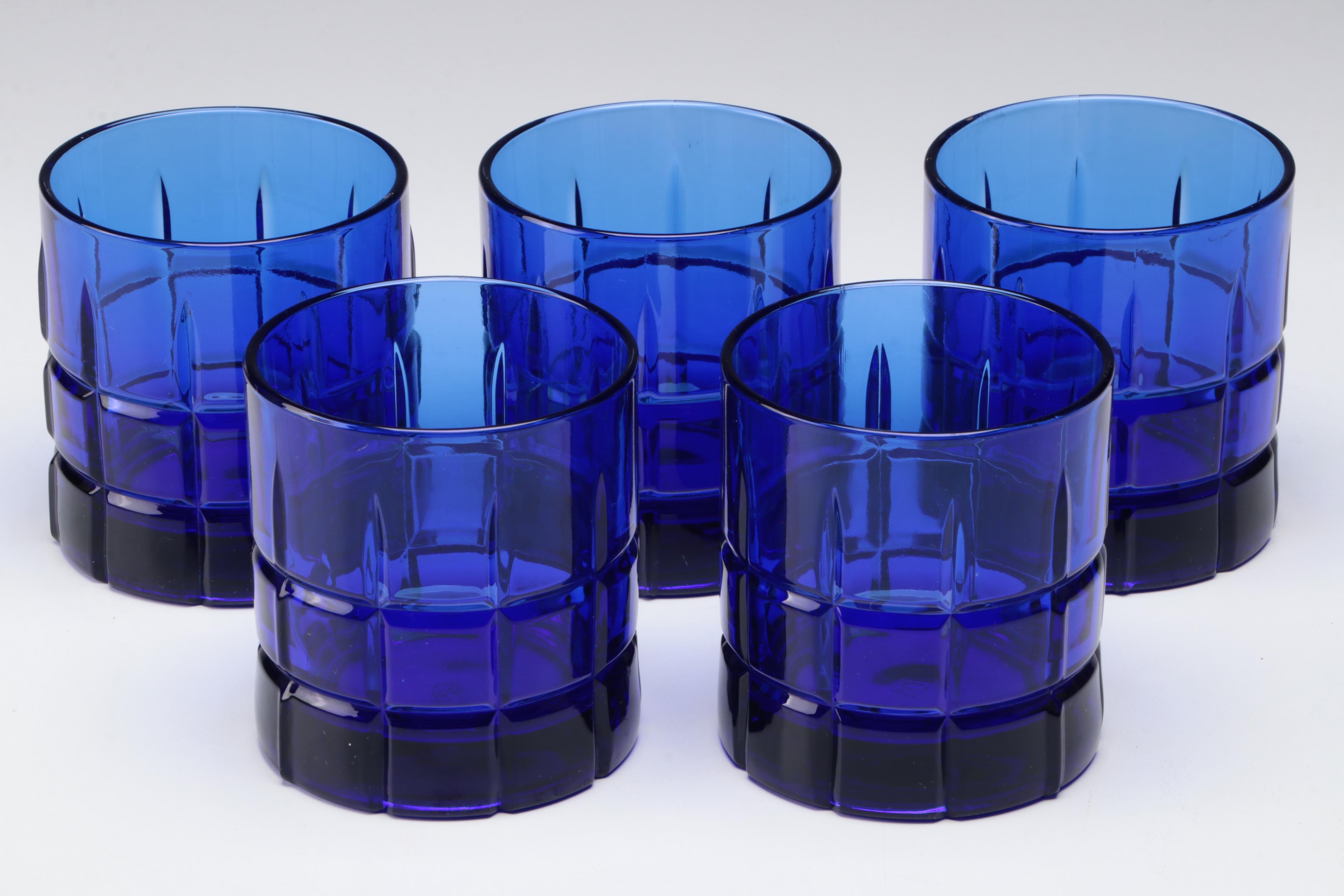 German Blue and White Cookware with Teapot, Bowls and Old Fashioned Glasses