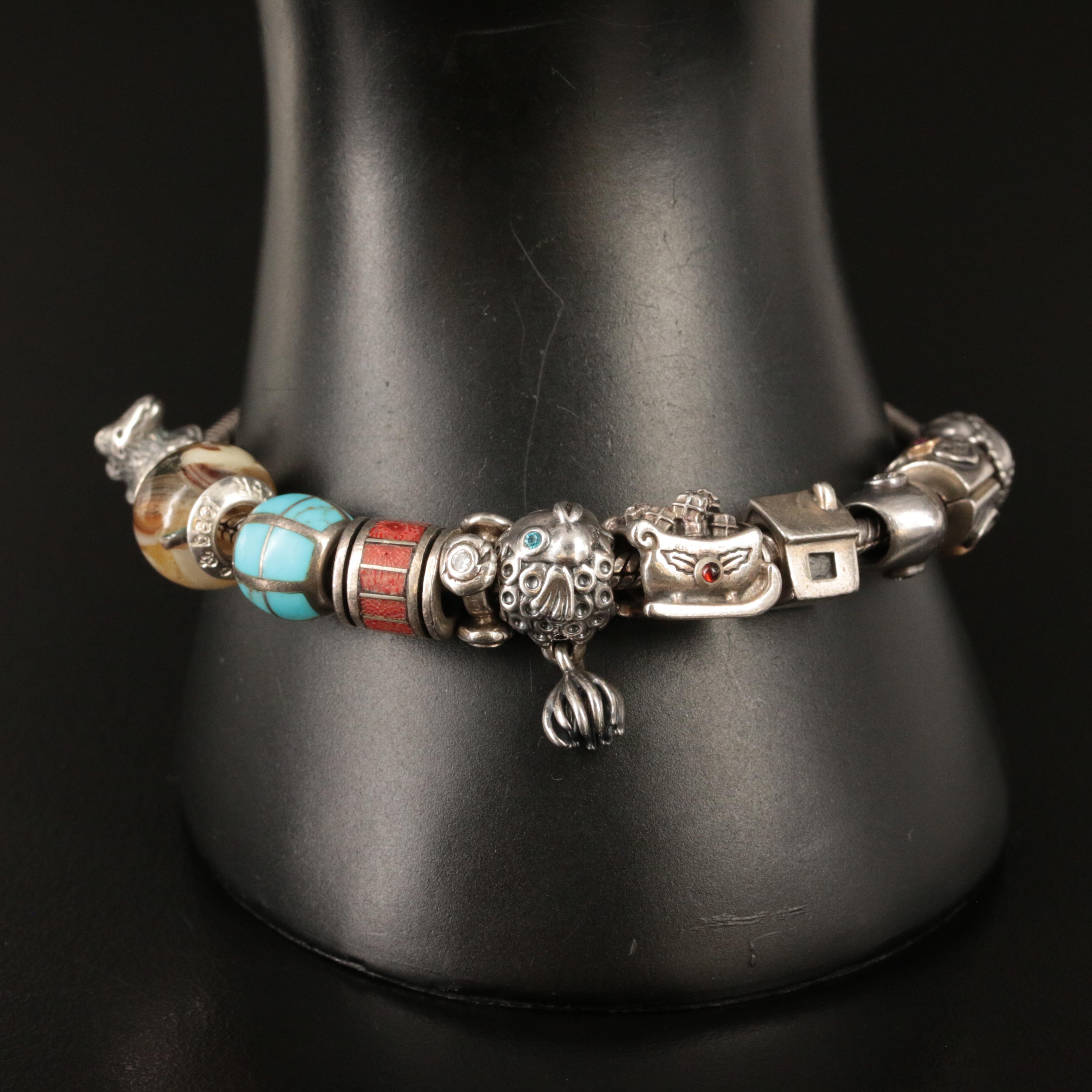 Pandora Sterling Charm Bracelet Including Dinosaur, Fish and Santa's Sleigh