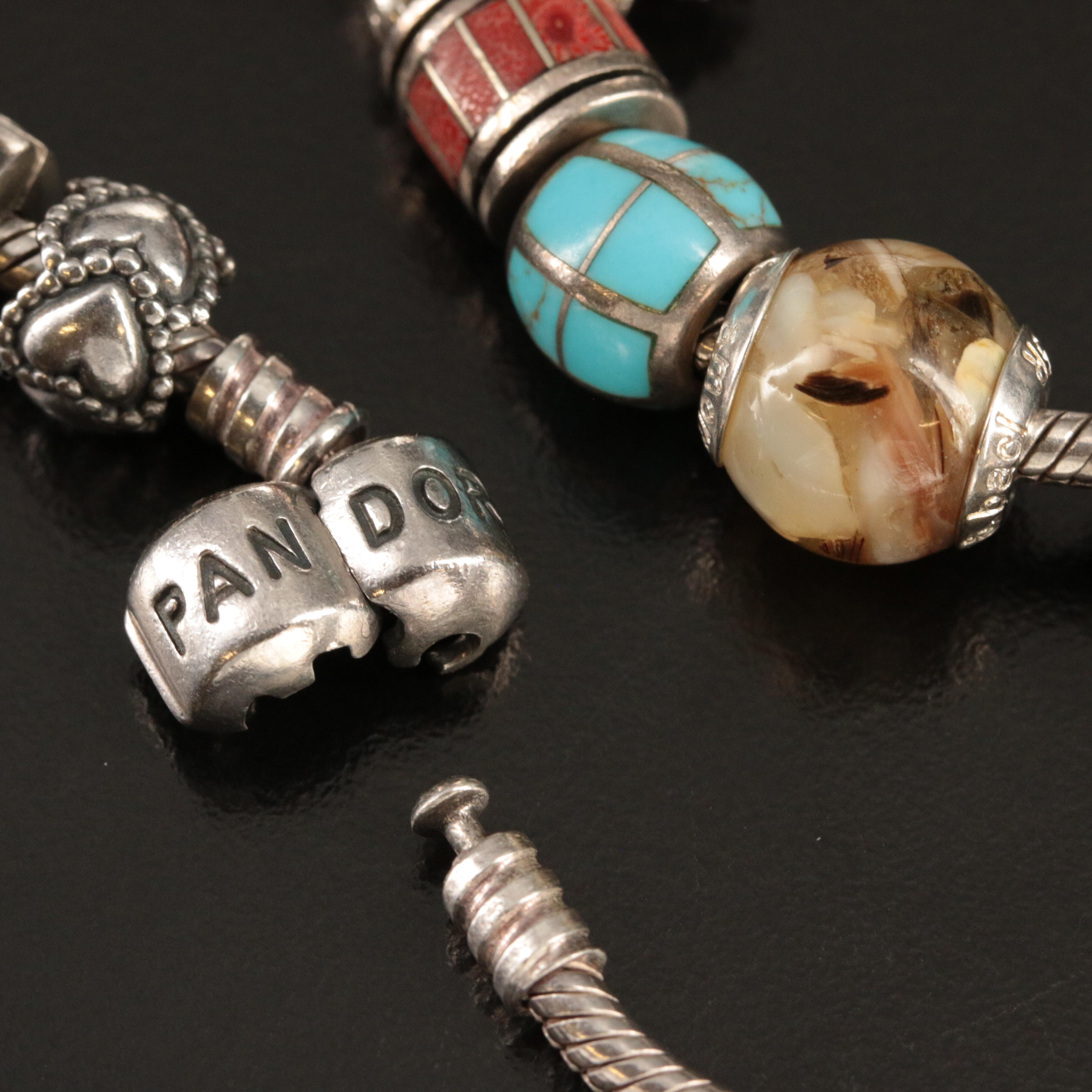 Pandora Sterling Charm Bracelet Including Dinosaur, Fish and Santa's Sleigh
