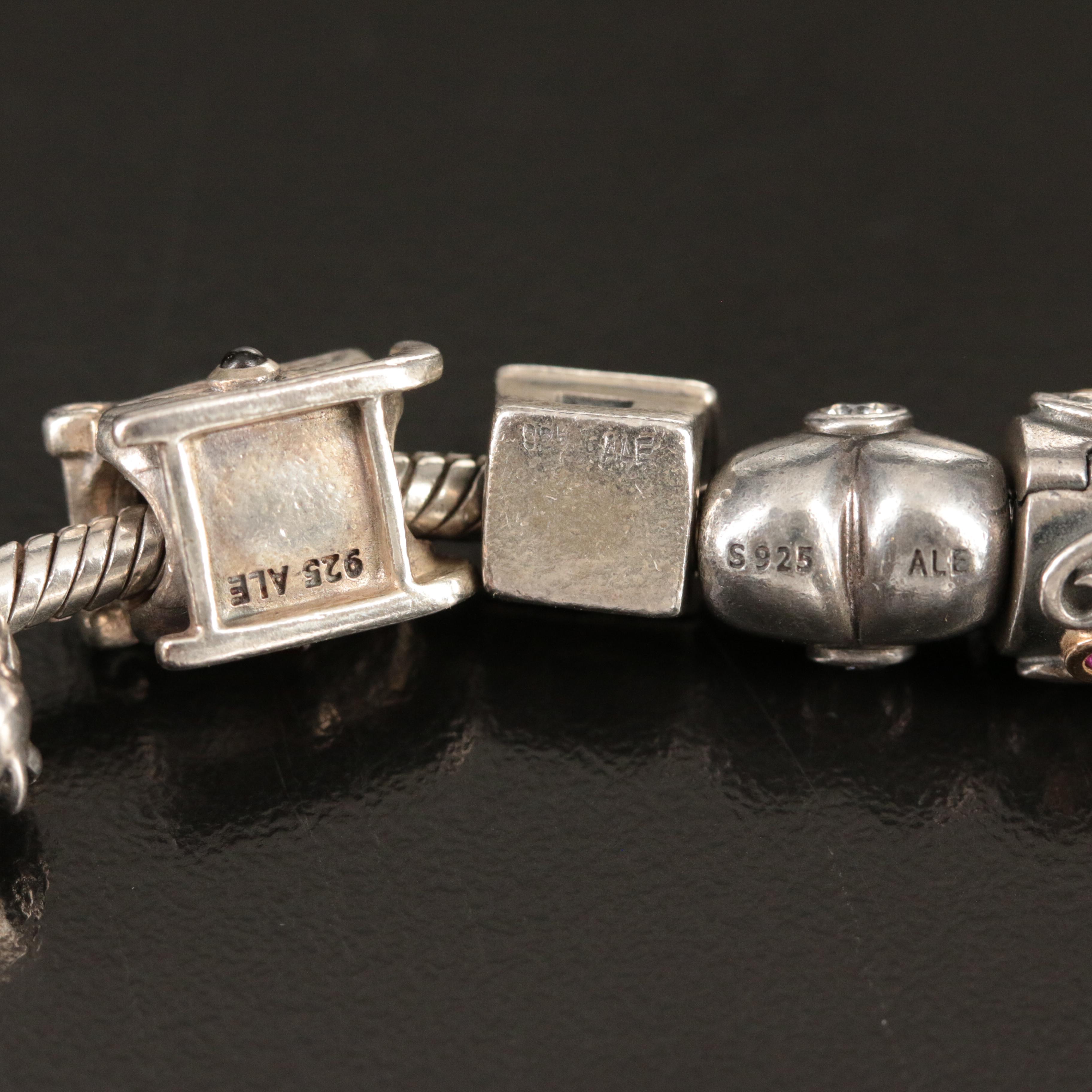 Pandora Sterling Charm Bracelet Including Dinosaur, Fish and Santa's Sleigh